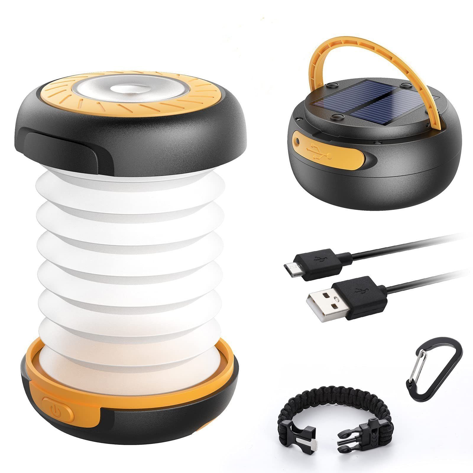 Gelb Notfall Lademethoden LED 3 Camping Solar Elegear Faltbare (Solar/USB), für Solarleuchte Zelt Angeln, mit Camping, Laterne, Taschenlampe, Campinglampe, Tragbare Lichtmodi, 2 Lampe