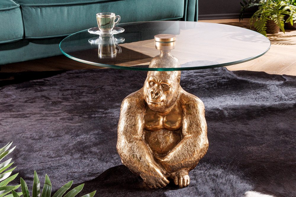 riess-ambiente Couchtisch WILDLIFE KONG 60cm gold / transparent (Einzelartikel, 1-St), Wohnzimmer · Glas · Metall · rund · Affenfigur · Gorilla-Skulptur