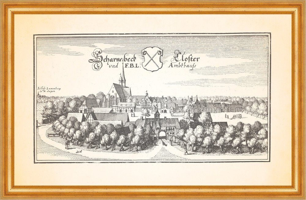 Kunstdruck Scharnbeck Kloster und F.B.L. Amtshaus Kupferstich Merian 0432 Gerahmt