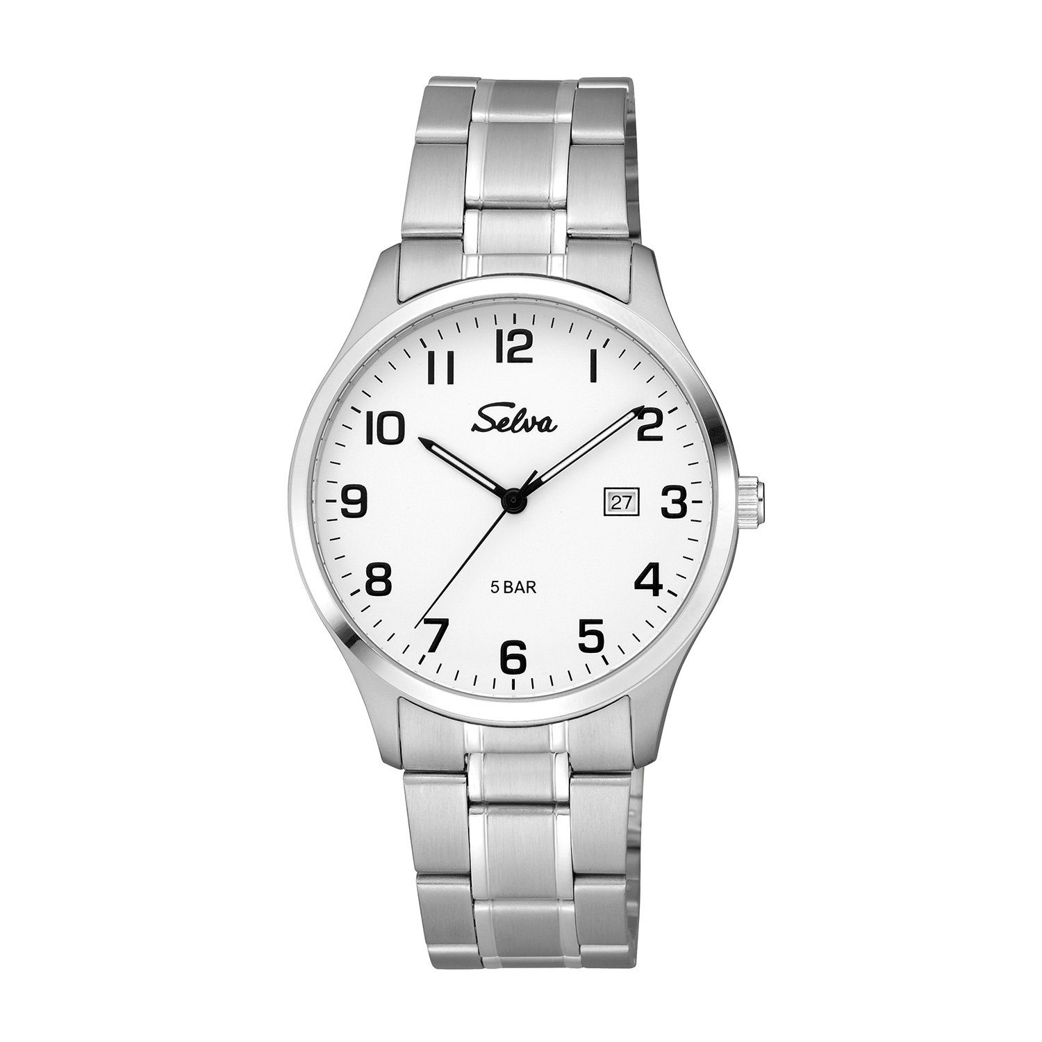 Selva Technik Quarzuhr SELVA Quarz-Armbanduhr mit Edelstahlband Zifferblatt schwarz Ø 39mm Weiß | Quarzuhren