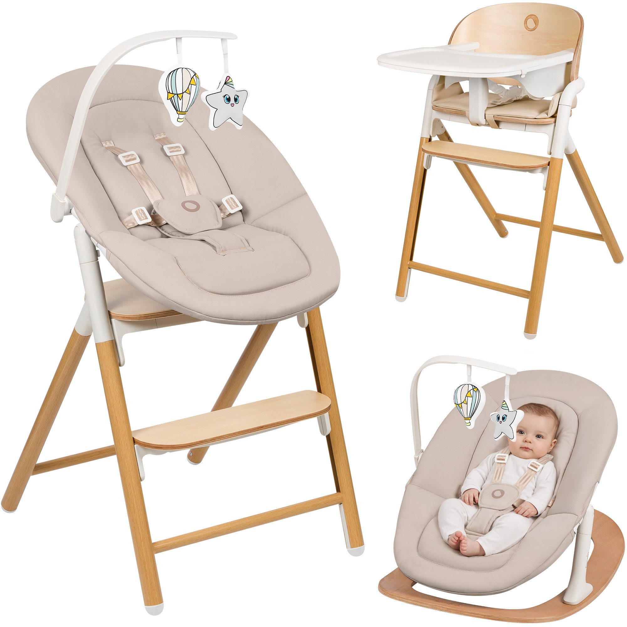 lionelo Hochstuhl CELIA (3-in-1-Hochstuhl Komplettset), 3in1/Einhandverstellung/Kunstleder/Tablett/Babyset enthalten