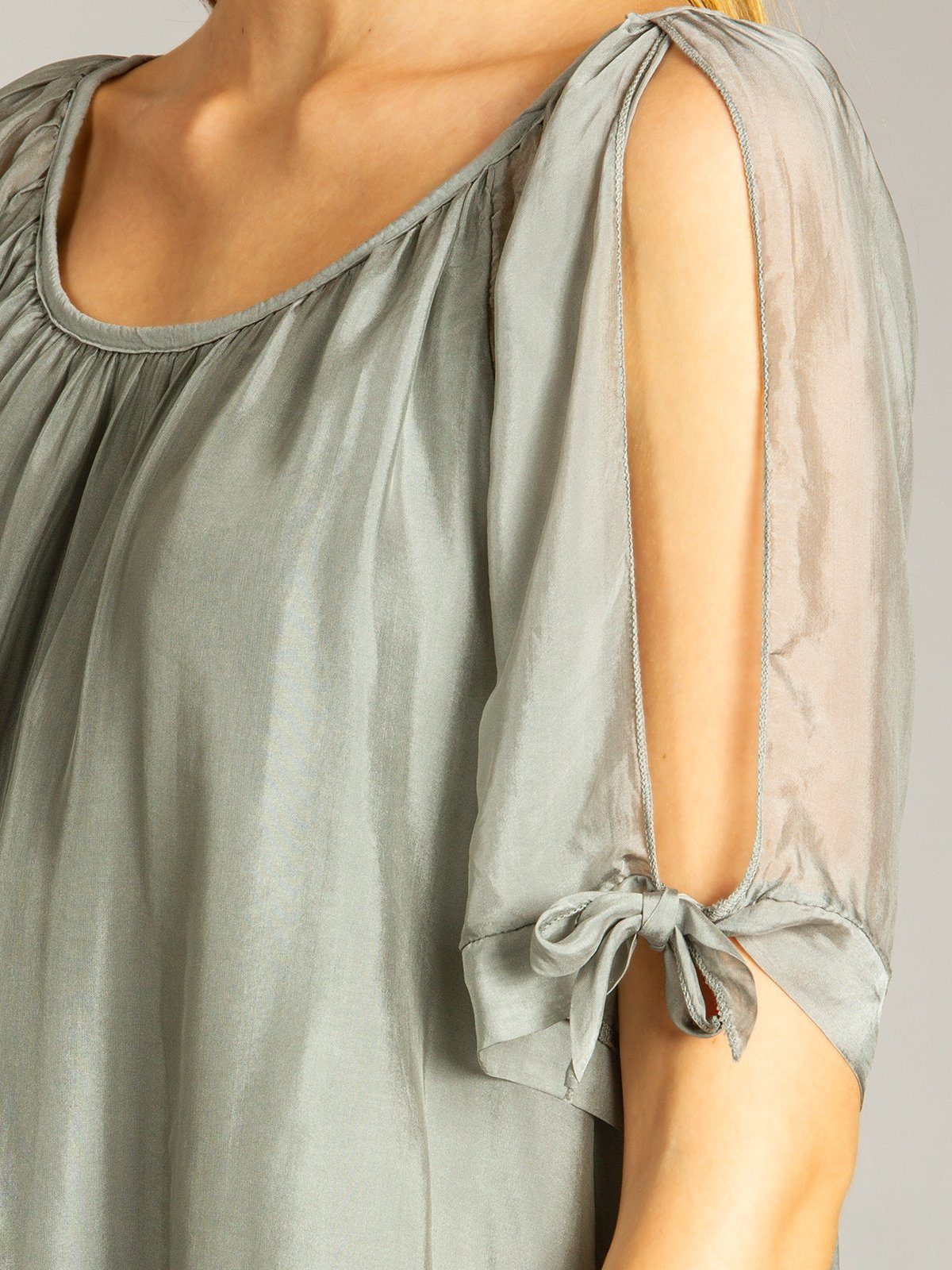 Sommer mit BLU020 Damen lange Bluse dunkelgrau Shirtbluse elegante Seidenanteil leichte Caspar