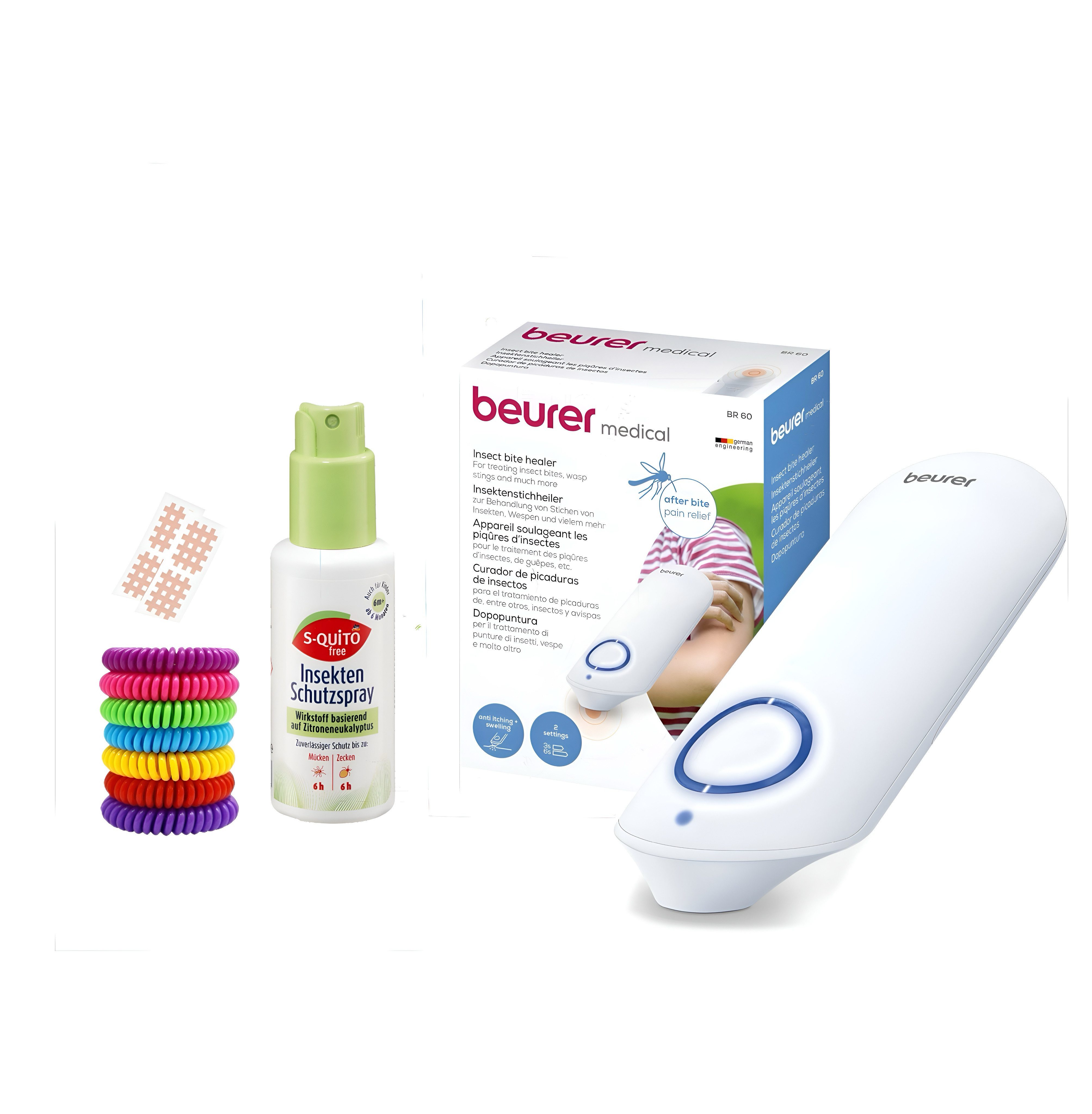 BEURER Insektenstichheiler Insektenstichheiler BR 60 zur Behandlung von Insektenstichen, Insektenschutz-Komplettset, 4-tlg., Insektenstichheiler, Mückenpflaster, Mückenschutz Armband, Spray, Bietet eine schnelle Linderung von Juckreiz und Schwellungen.