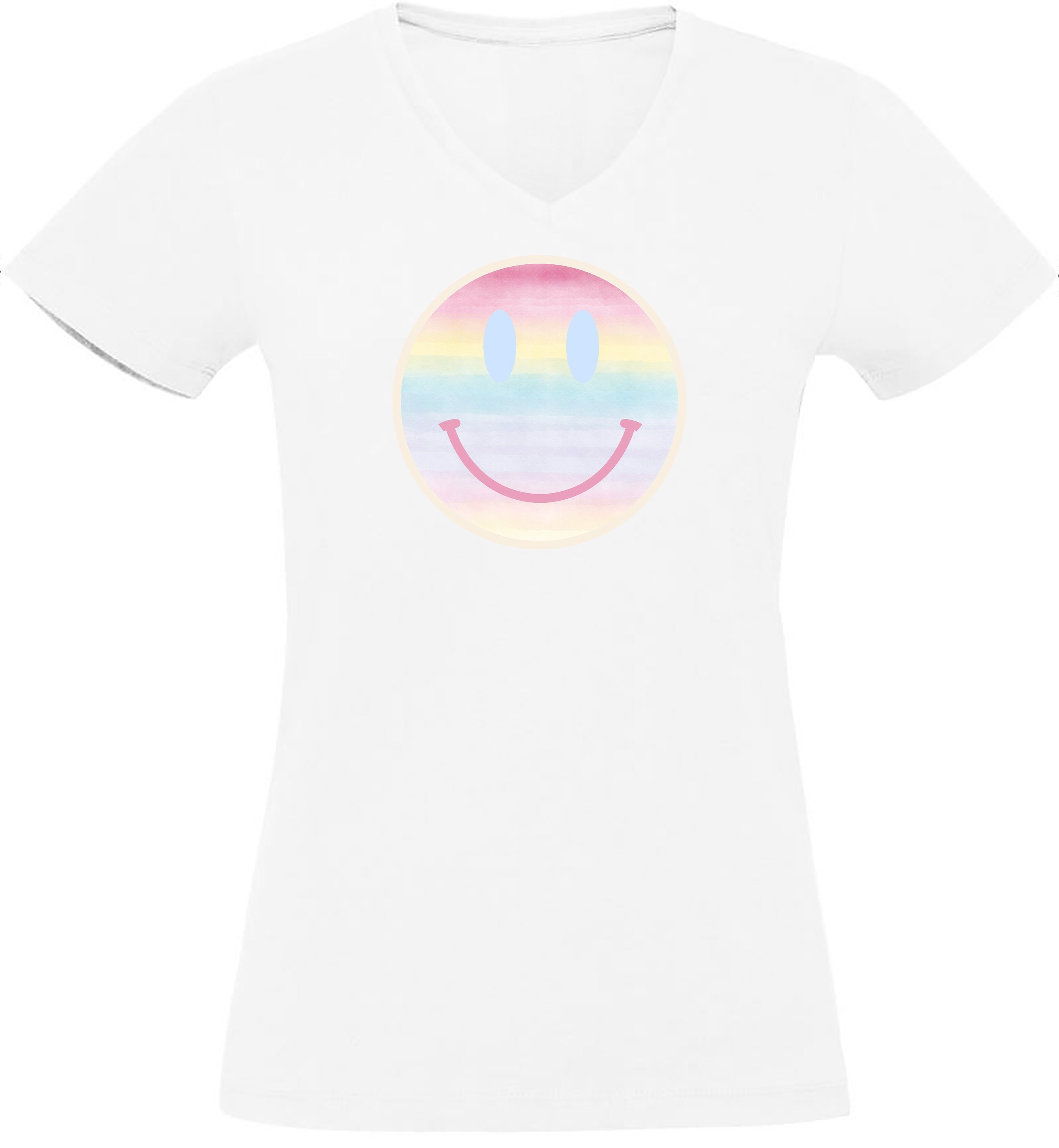 MyDesign24 T-Shirt Damen Smiley Print Shirt Fit, mit - pastellfarbener Slim Aufdruck weiss Baumwollshirt Lächelnder i297 Smiley V-Ausschnitt