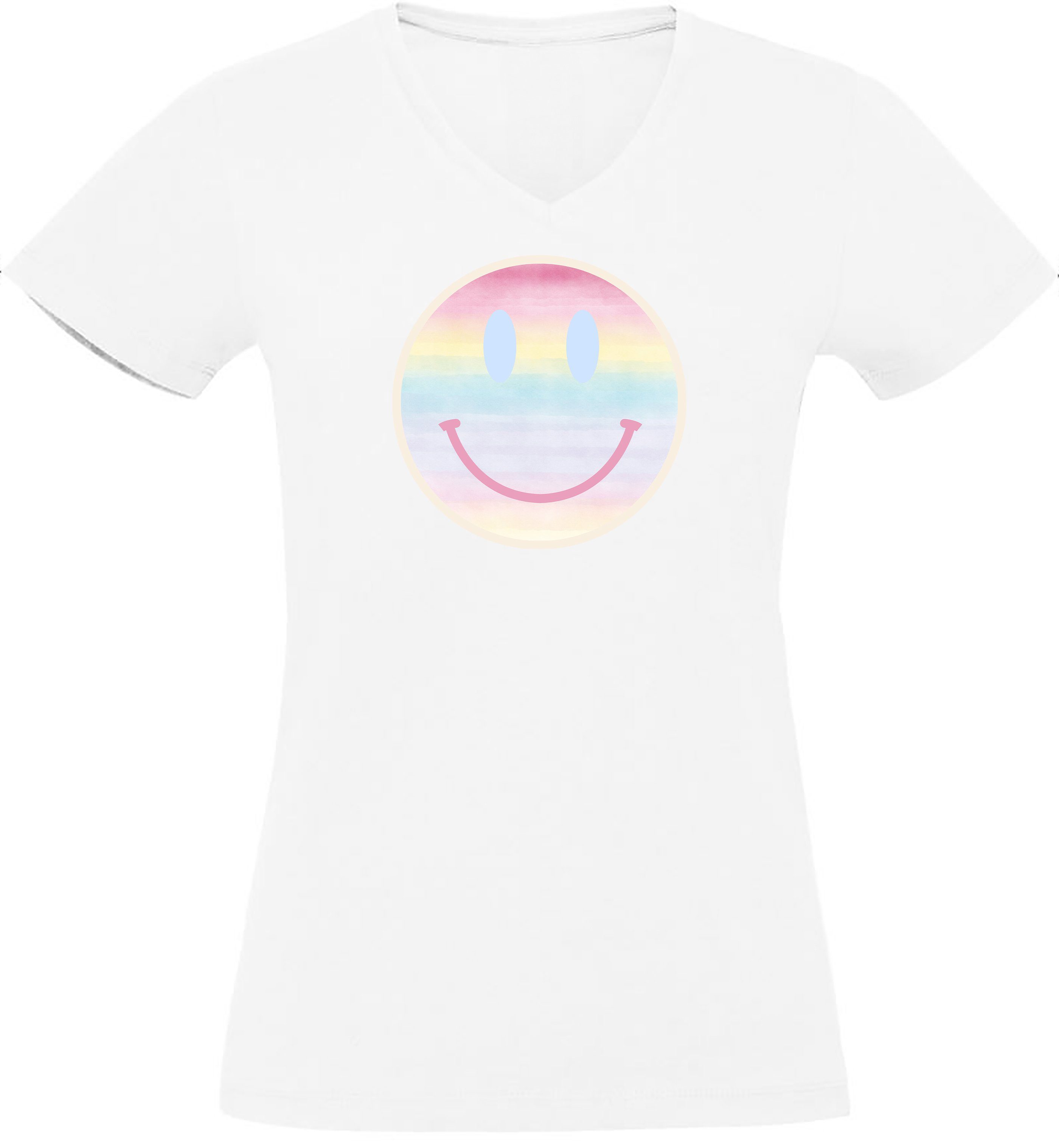 Lächelnder Smiley V-Ausschnitt T-Shirt Print MyDesign24 Shirt Fit, Damen i297 weiss pastellfarbener Baumwollshirt mit Aufdruck Smiley - Slim