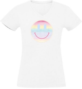 MyDesign24 T-Shirt Damen Smiley Print Shirt - Lächelnder pastellfarbener Smiley V-Ausschnitt Baumwollshirt mit Aufdruck Slim Fit, i297