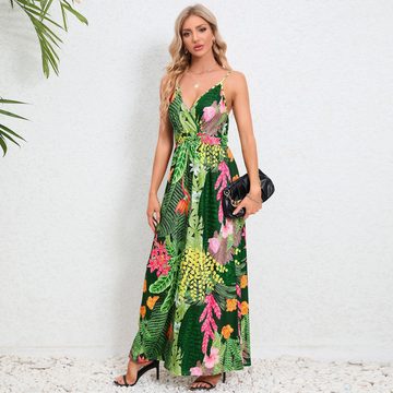 B.X Strandkleid Damen Sommer-Lässiges für tropisches Blumenmuster lange Kleider Spaghettiträger Boho-V-Ausschnitt fließende Strandkleider