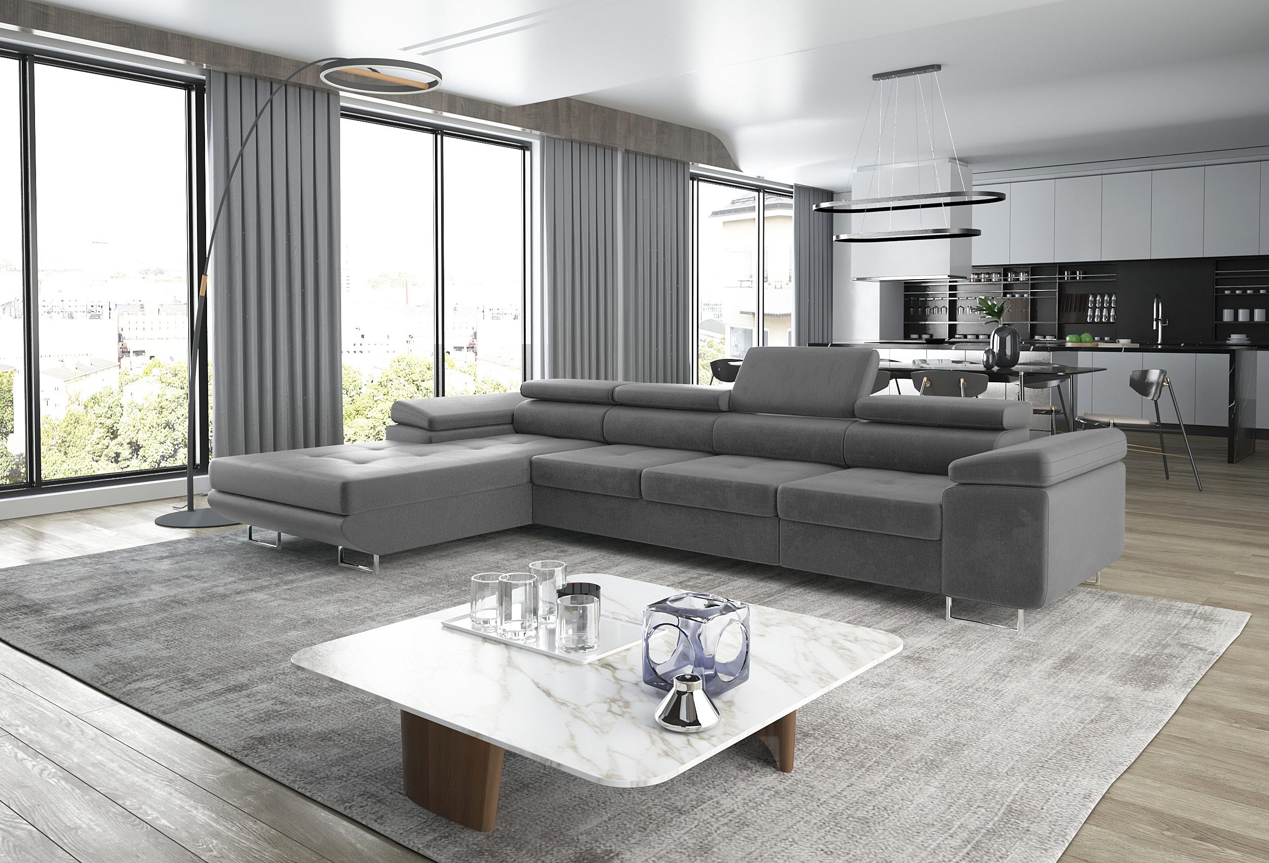 thematys Ecksofa ALVARO MAXI 355 x 204cm mit Schlaffunktion & Bettkasten –, L-Sofa mit 4 verstellbaren Kopfstützen, Samt (Monolotith), oder Cord (Poso) - L-Form, XL-Wohnlandschaft, 355 cm breit