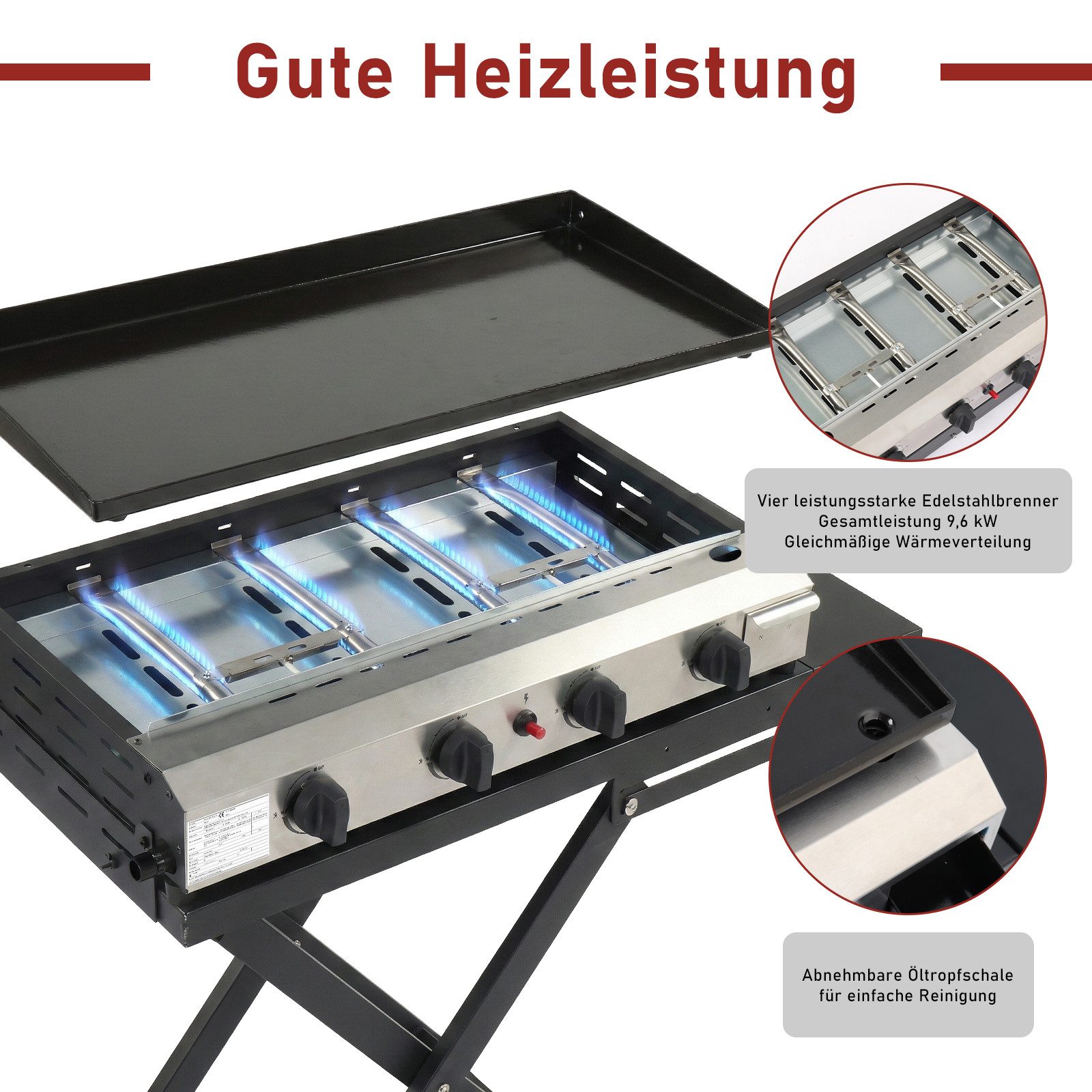 LALAHO Gasgrill Tragbarer 4 Brennern 9.6 kW Grill klappbar, Grillwagen mit Rollen, emaillierte Plancha, für Garten