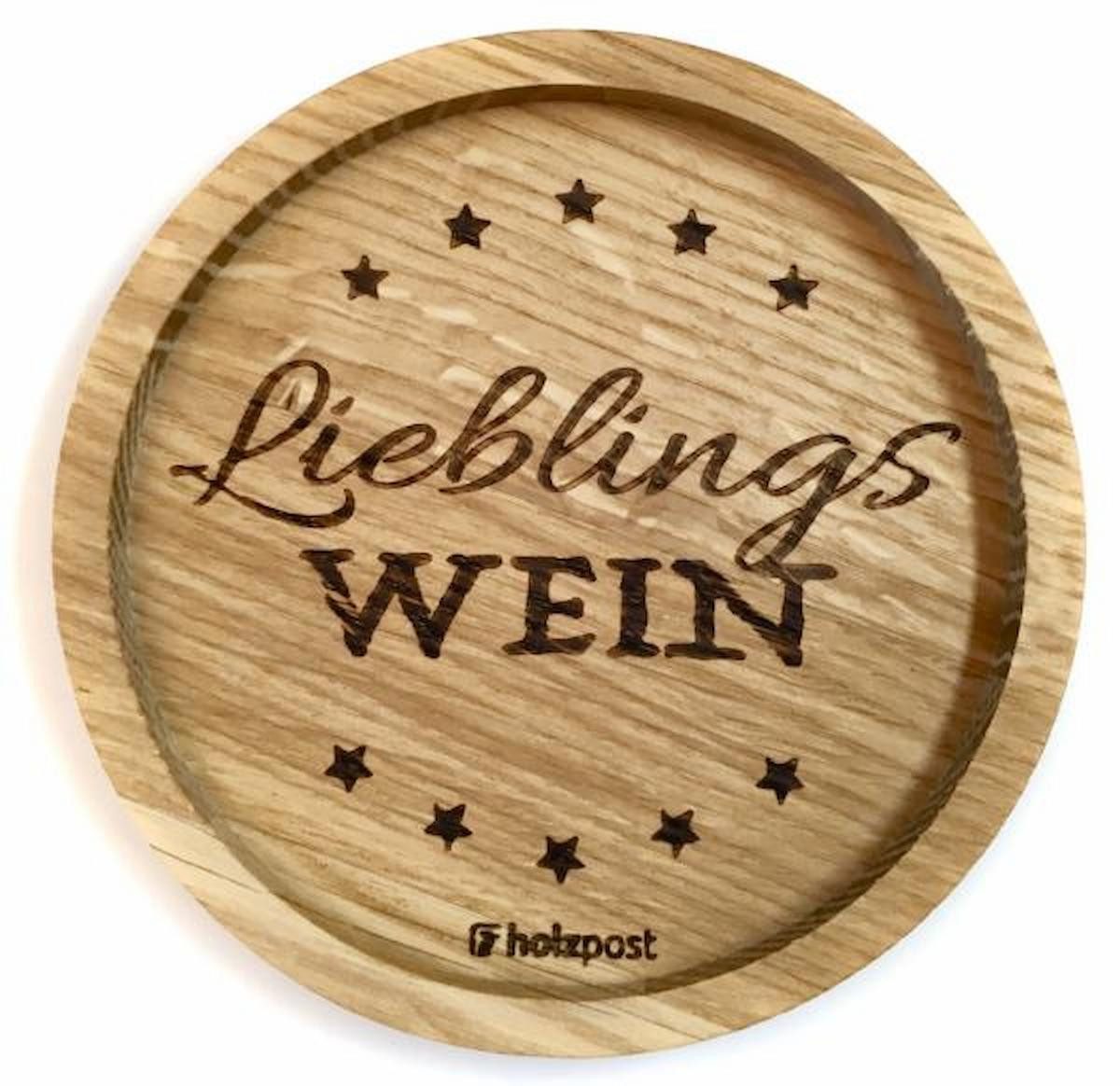 holzpost GmbH Getränkeuntersetzer Lieblingswein, 1-tlg., massives Eichenholz, Runde Einkerbung