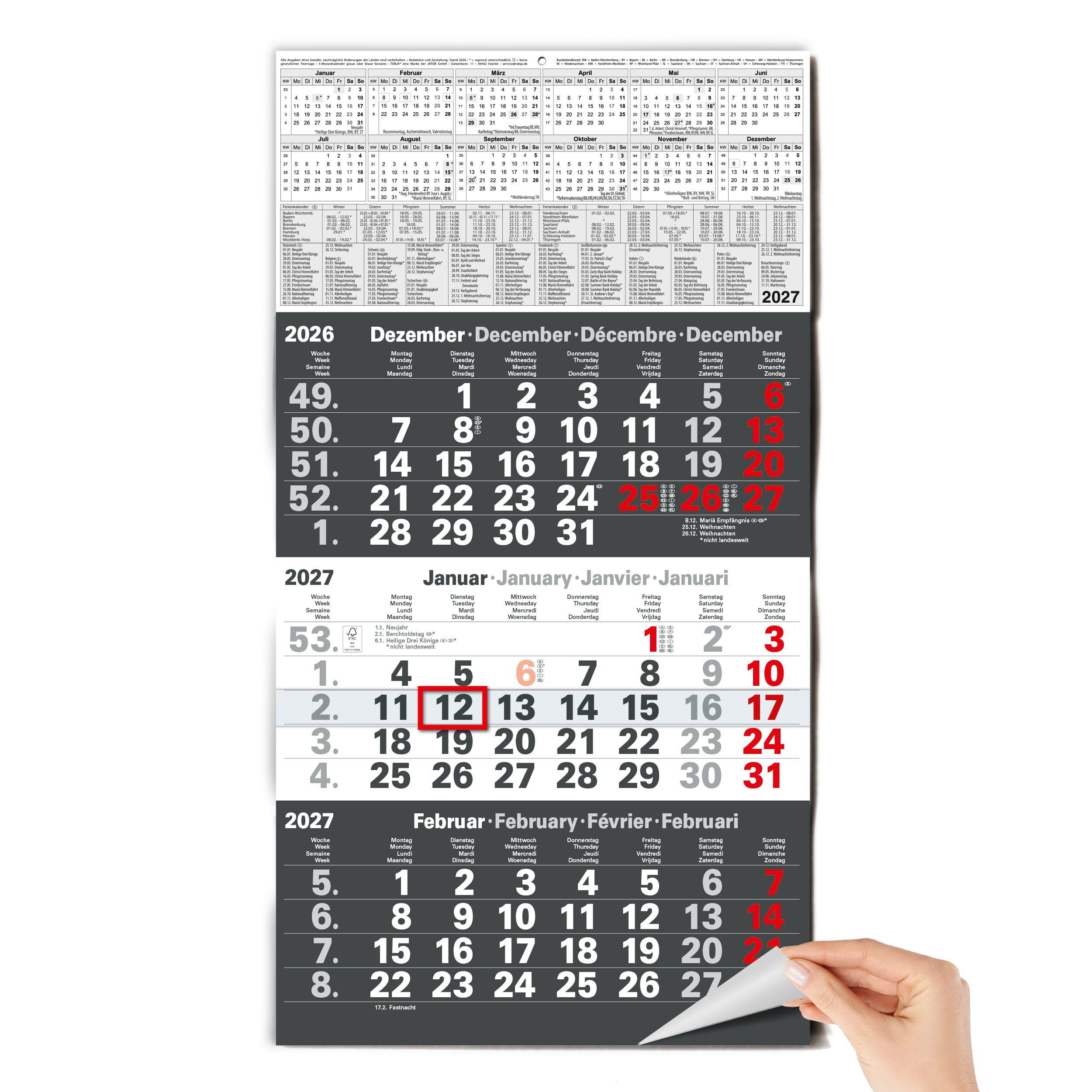 TOBJA Wandkalender 3 Monatskalender 2027 Anthrazit mit Datumsschieber 30x56 FSC, Anthrazit, Datumsschieber, Schulferien DE+AT, 4-sprachig, FSC