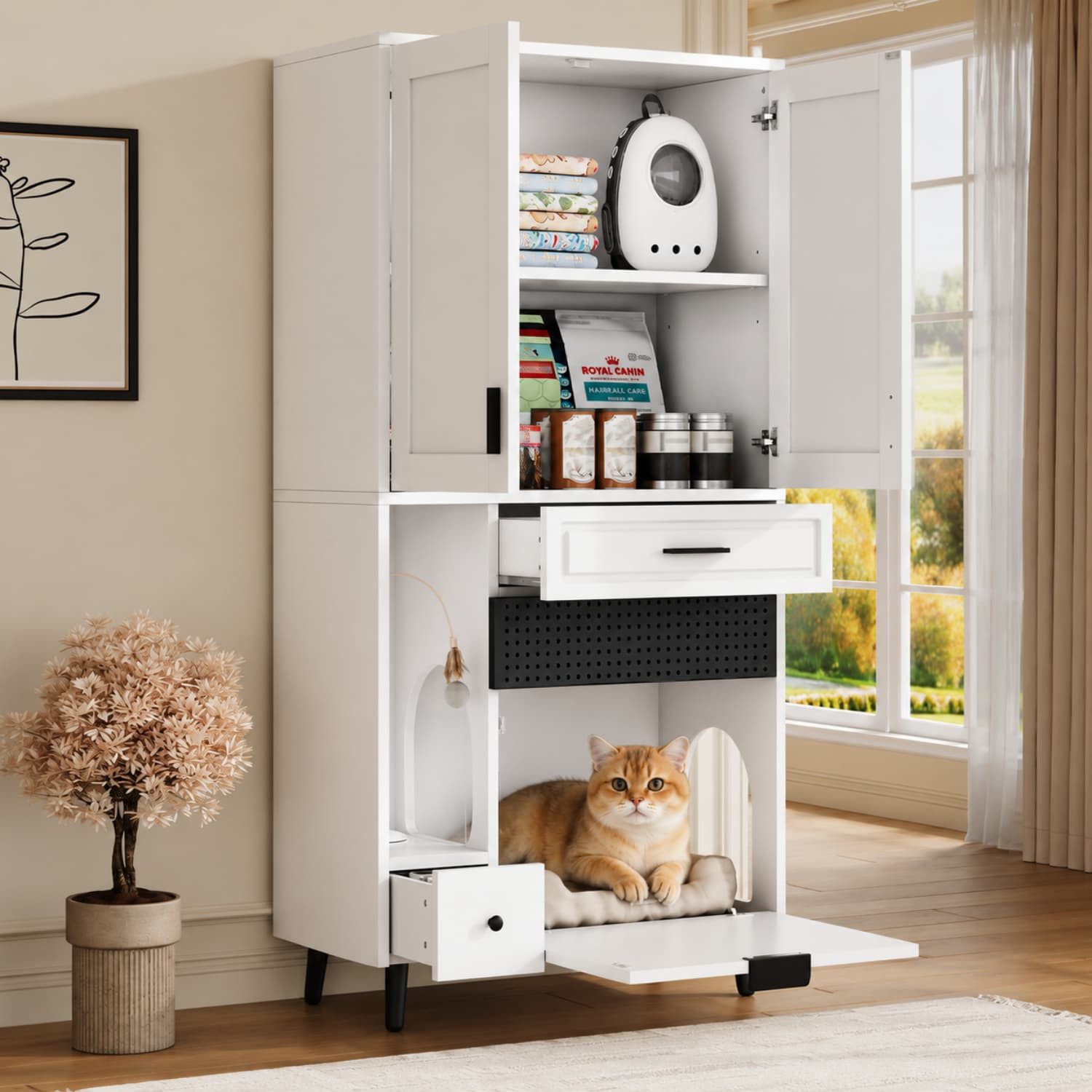 ANYSUN Katzenhaus Katzenschrank mit Stauraum,Verstellbaren Ablagen,Schubladen,Katzenbett, Katzenmöbel mit Doppelbogen-Eingänge,belüftete Trennwand,80×40×161cm von ANYSUN