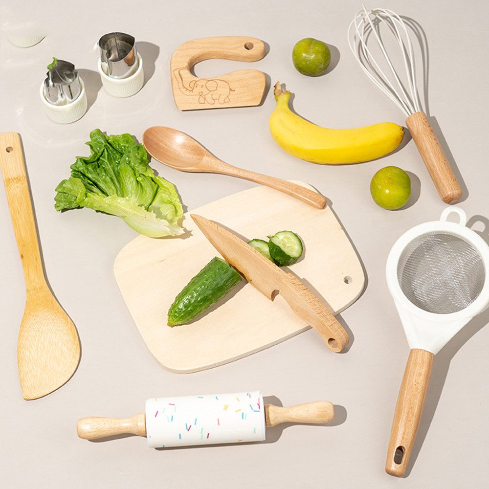 CLTYQ Kinderkochmesser Montessori 10-tlg, Sicherheits Küchenmesser Set für Kinder ab 3 Jahren, Montessori Spielzeug, Kinder Küchenutensilien für Lernen & Spielen