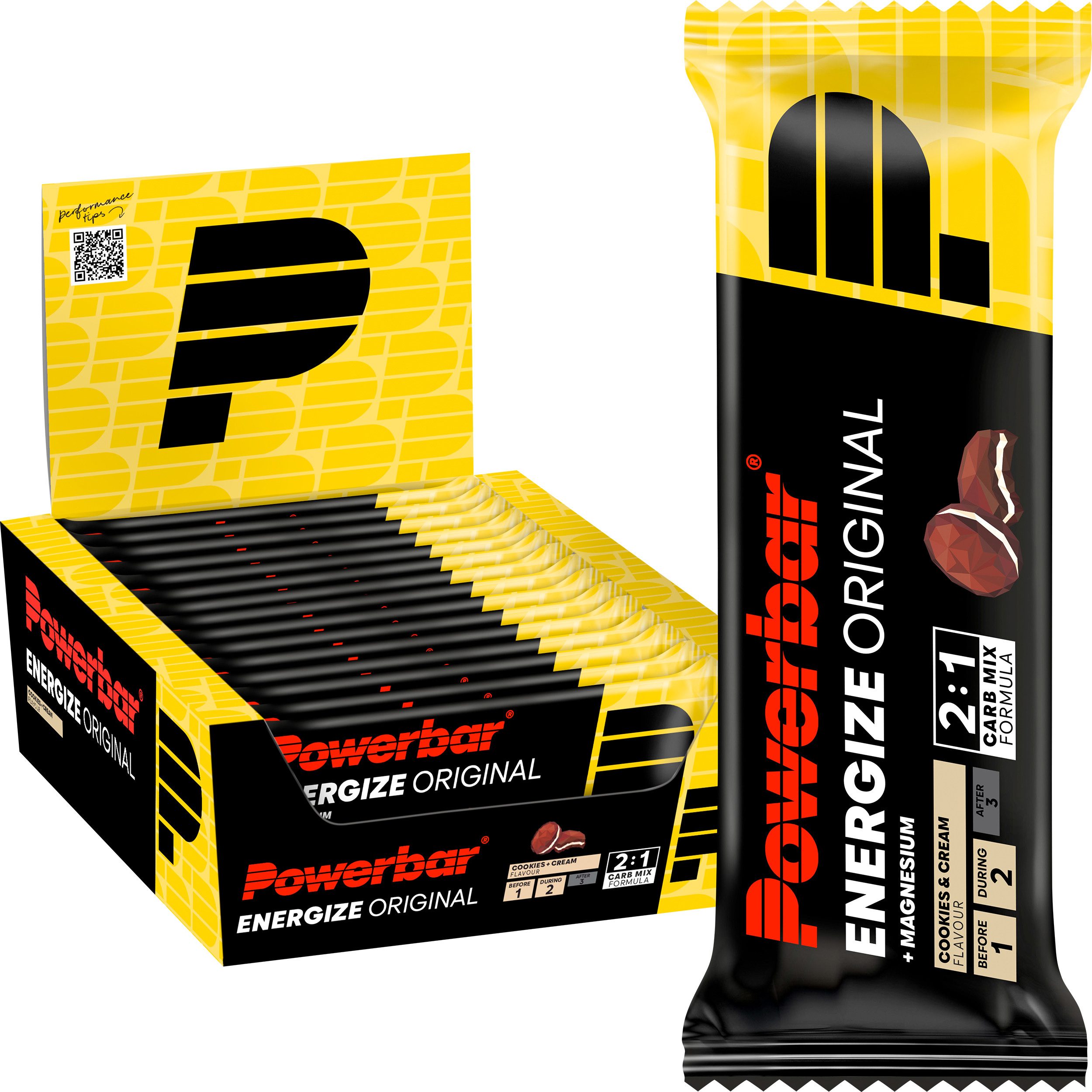 PowerBar Energize Original Cookies&Cream 15x55g High Carb Energieriegel Riegel, 15 er Display à 15 St., 825 g, Kohlenhydratlieferant in fester Form, aber trotzdem leicht zu kauen