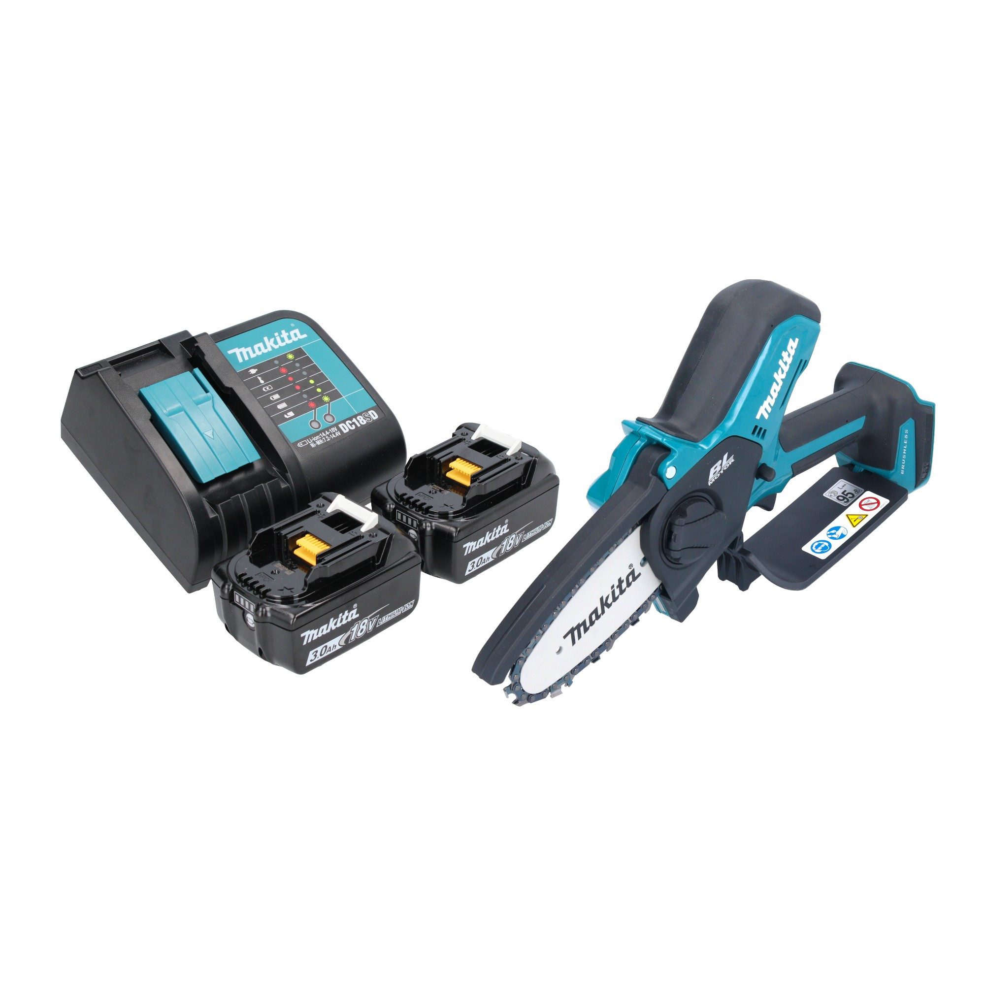 Makita Benzin-Kettensäge DUC 101 SF201 18 V 10 cm Brushless + 2x Akku 3,0 Ah + Ladegerät