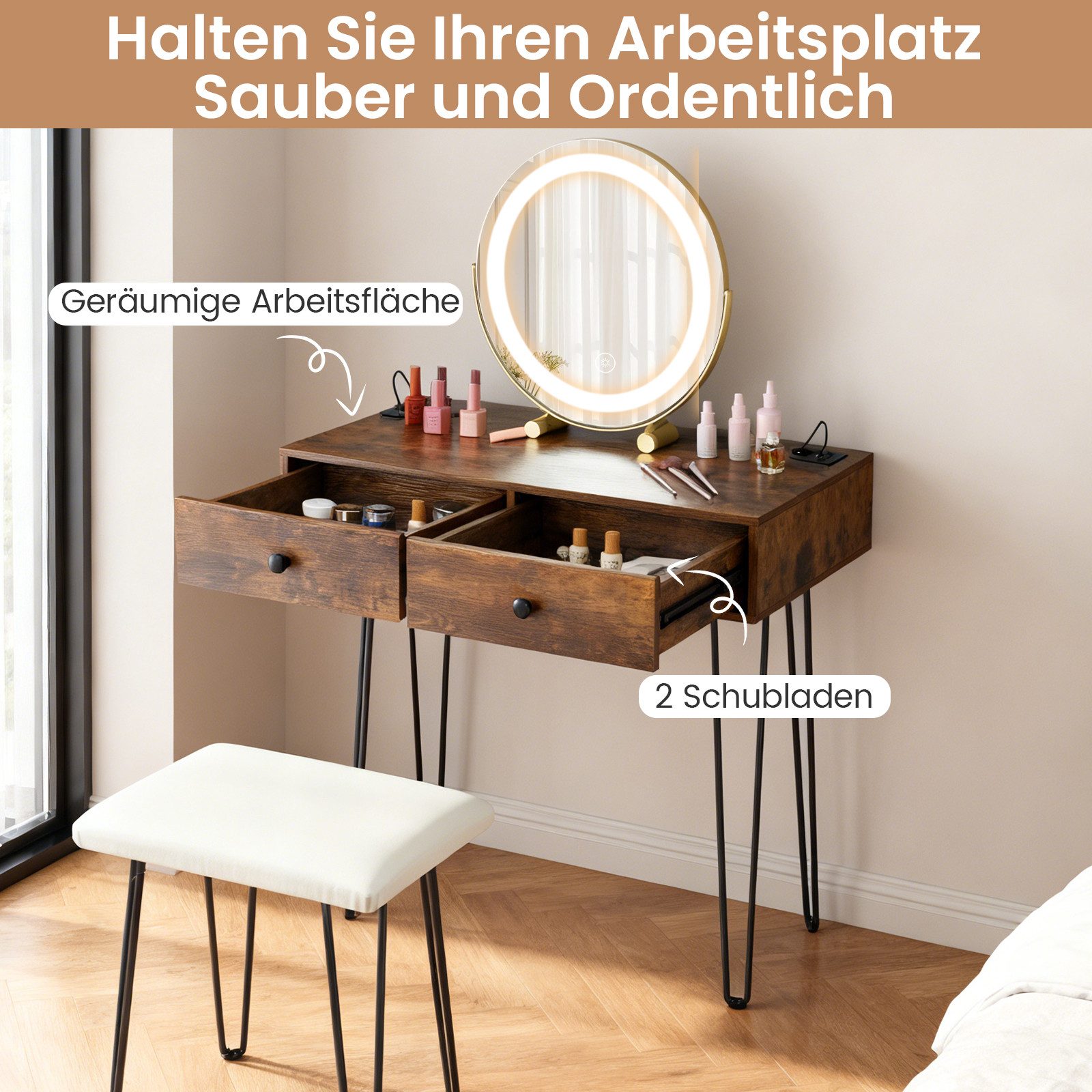 COSTWAY Schminktisch (1-St), Frisiertisch mit Spiegel, 2 Schubladen, Hocker günstig online kaufen