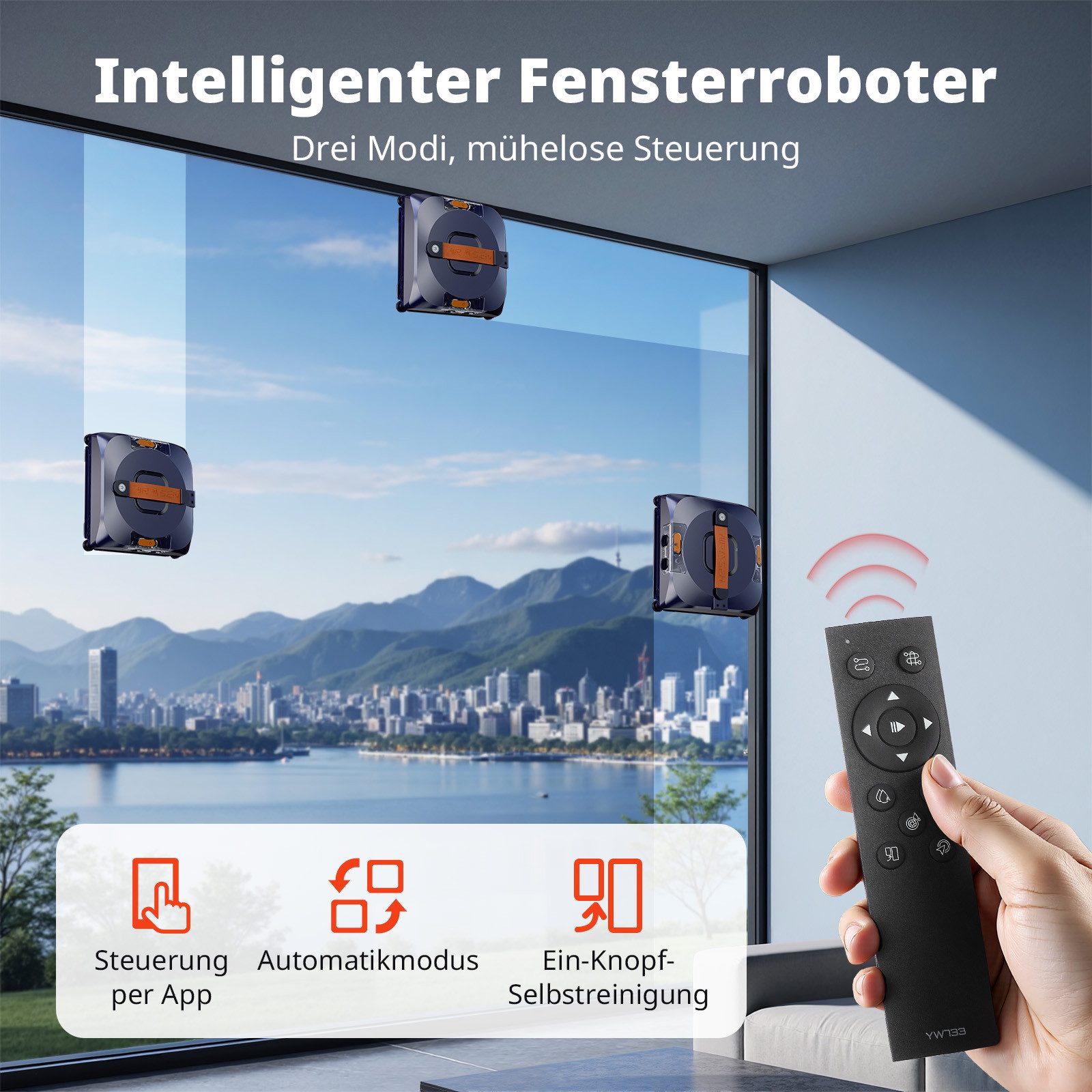 Airmsen Fensterputzroboter Intelligente Navigation, Fensterreiniger Elektrisch,4 Reinigungsmodi, 4 Sprühdüsen,6000 Pa Saugkraft,mit patentierter Floating-Technologie