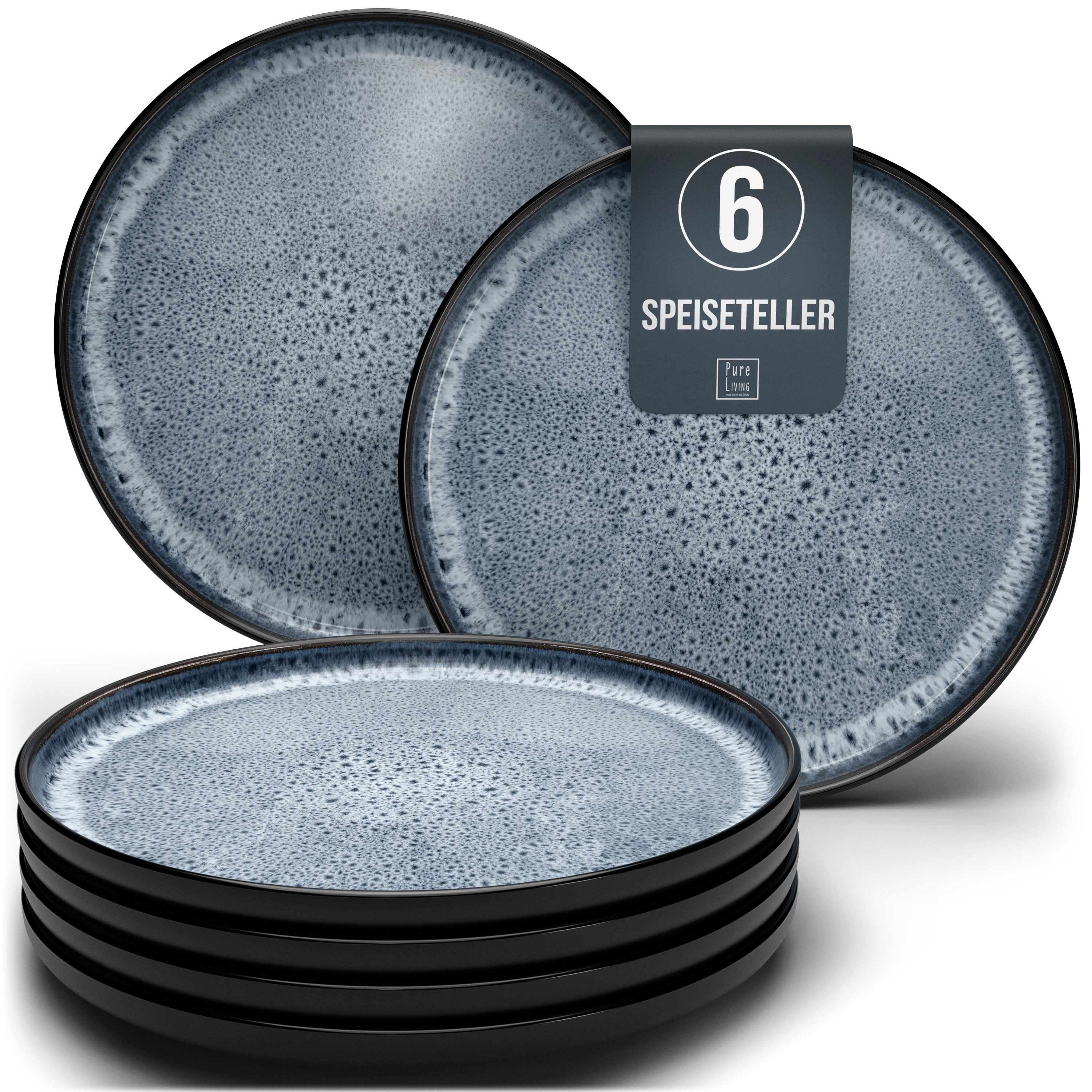 PURE LIVING INTERIOR DESIGN Geschirr-Set Ibiza Speisseteller, Dinnerteller, 6er-Set, 26 cm, Graublau (6-tlg), 6 Personen, Steingut