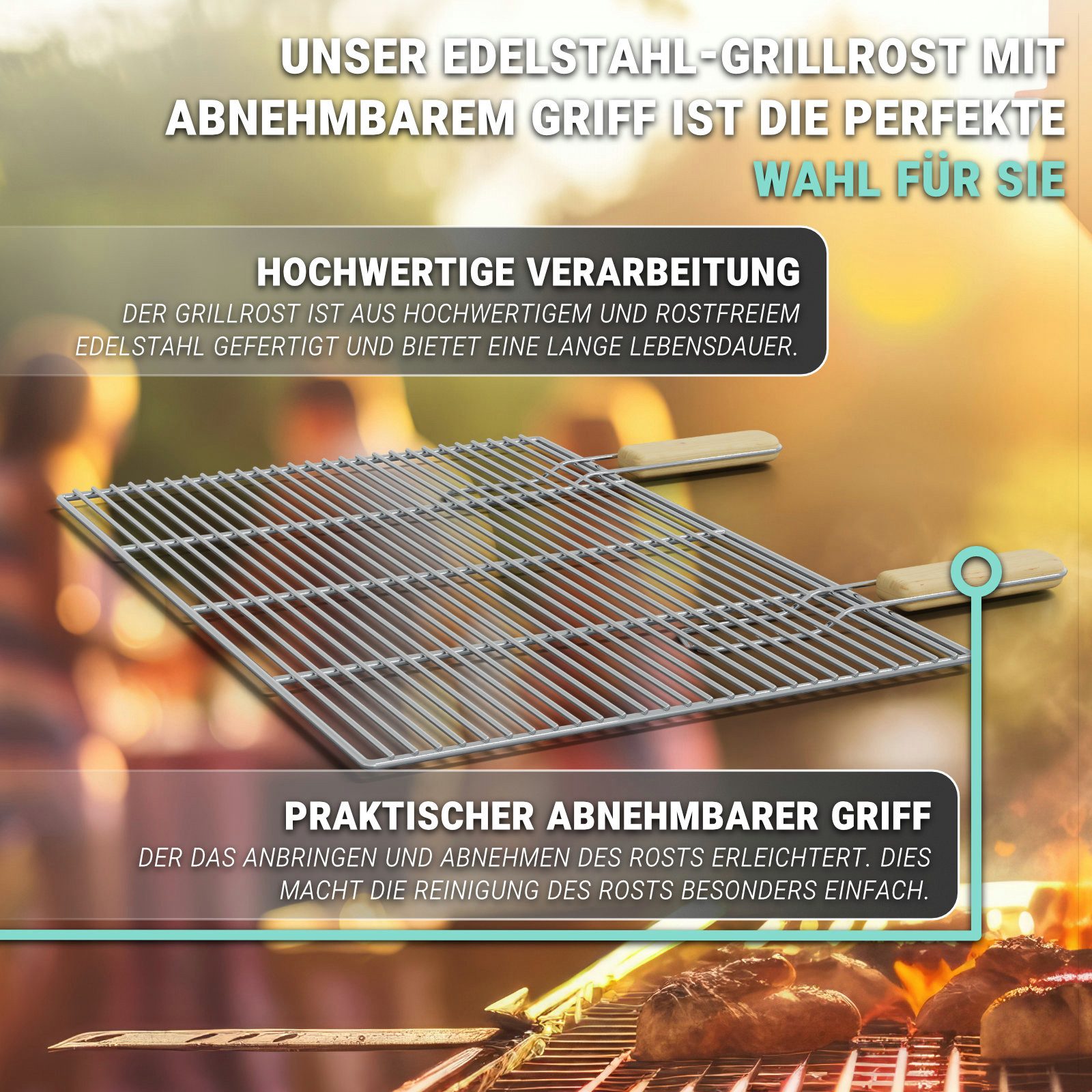 HAGO Grillrost Edelstahl Grillrost Ersatzrost Grillgitter universal Grillauflage Rost (1-St., Mit Griff), Abnehmbare Griffe, lebensmittelecht, universal
