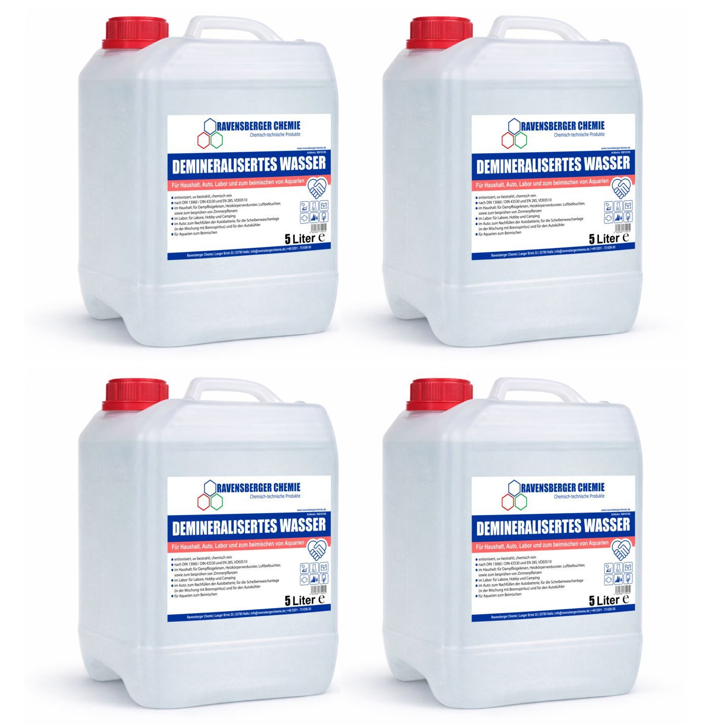 Ravensberger Chemie Bügelwasser VE-Wasser Demineralisiertes Wasser - 5 L, 4x 5 Liter Kanister von Ravensberger Chemie -, kalkfrei für Auto, Batterie, Haushalt, Dampfbügeleisen und Labor