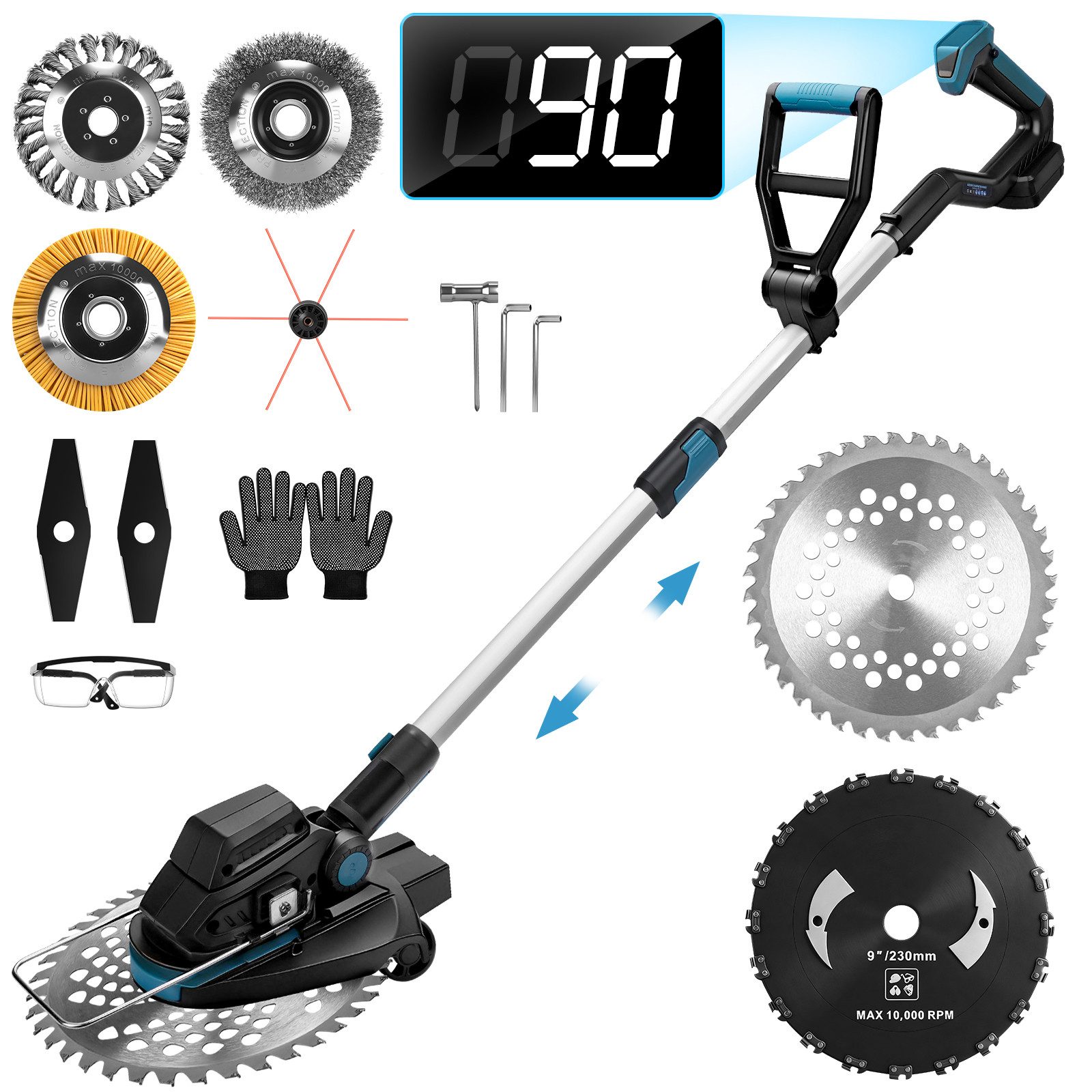 XERSEK Akku-Rasentrimmer 1200W Freischneider mit Teleskop-Stiel Räder, Grastrimmer Motorsense, 25 cm Arbeitsbreite Messer, 16800U/min Bürstenloser Motor Kompatibel Makita Akku f. Rasen Garten