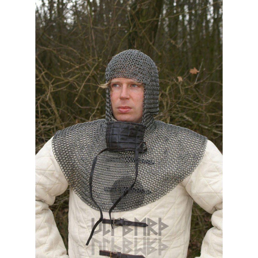 Ritter-Kostüm Kettenhaube mit quadratischem Mundschutz, unvernietete Rundringe Ø 8mm