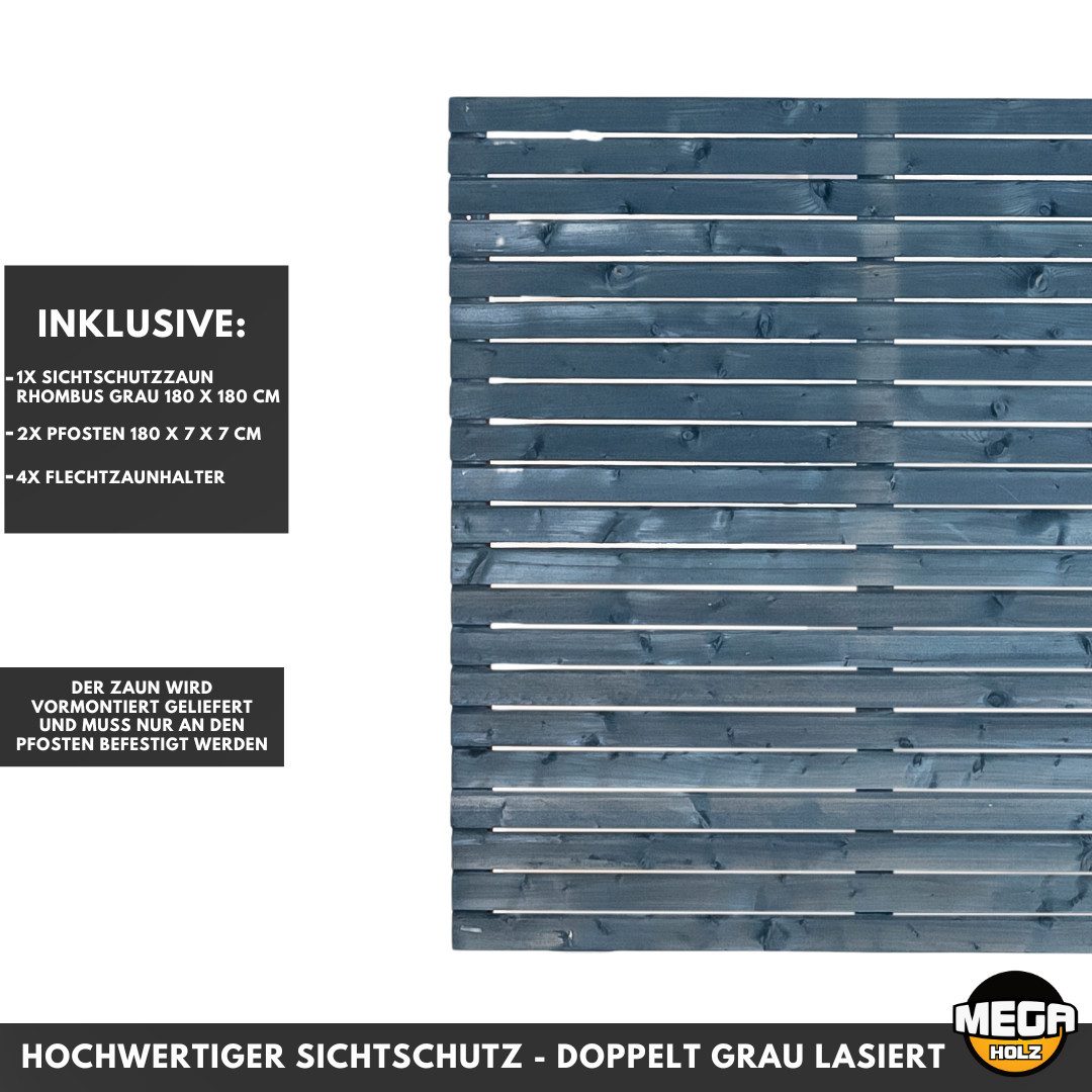 Mega-Holz Sichtschutzelement Gartenzaun "Rhombus" Kiefer Grau 1-7 Zaunfelder Komplett-Set + Pfosten, Set enthält 1 Zaunfeld, 2 Zaunpfosten & Material