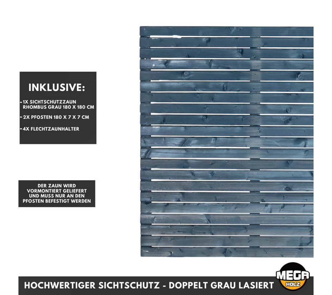 Thumbnail - Mega-Holz Sichtschutzelement "Rhombus" Kiefer Grau, Windschutz Set 765x180 cm, 1 Zaunfeld + 2 Pfosten inkl. Material