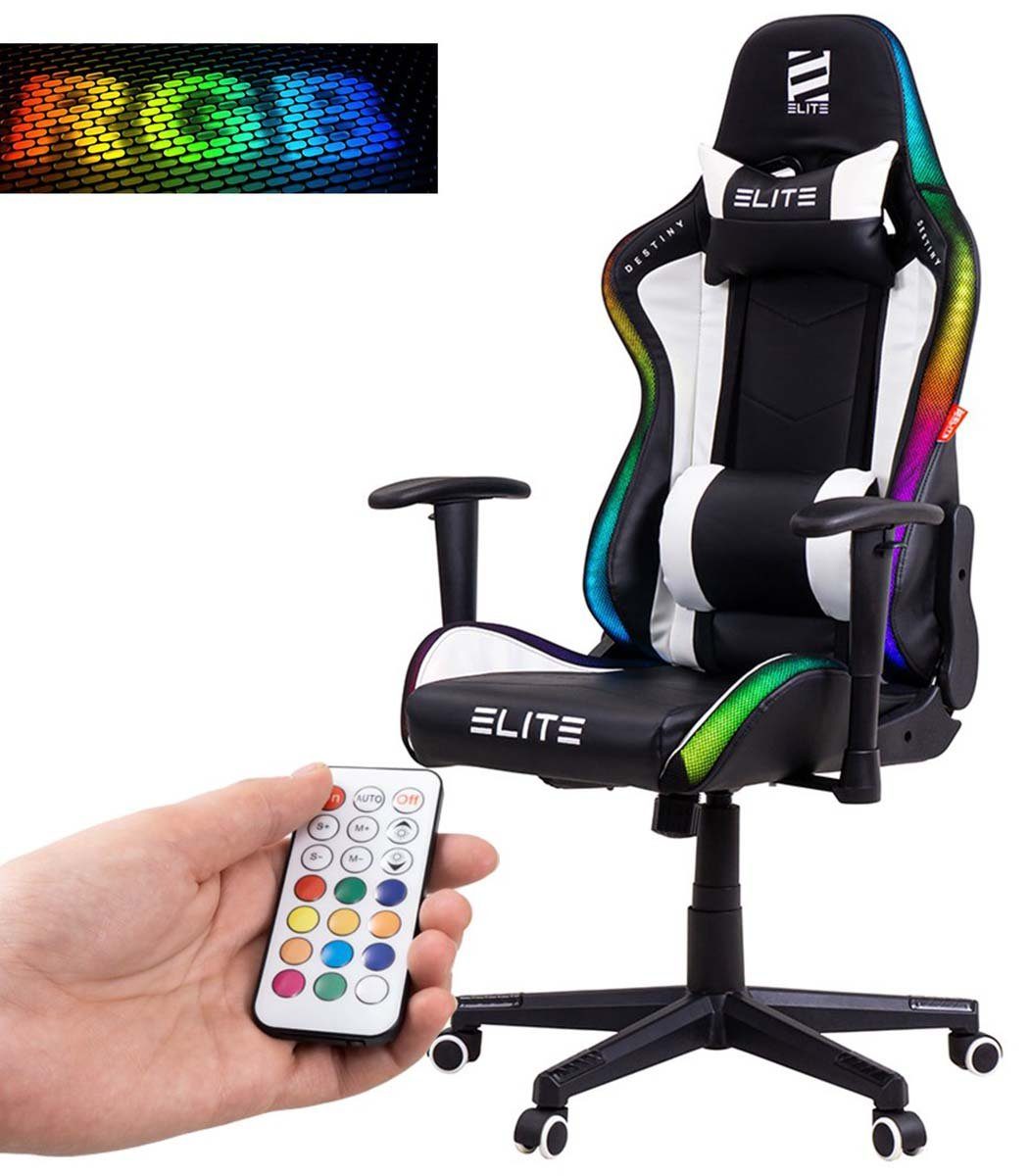 inkl. 170 Drehstuhl RBG Racing Rückenlehne, Grad Fußkreuz, 150 Hohe Drehsessel, Gaming Home Racing-Design, mit Pflegeleicht, Chair, horizontal Stuhl, - 2D-Armstützen, bis Computerstuhl, Gaming Belastbarkeit kg - PVC Wippmechanik, Härtegradeinstellung, bis mit hochwertige RGB-Schwarz/Weiß 5-Stern verstellbare Rücken- 90° Chair, Nackenkissen klappbare Ergonomischer Zockerstuhl ELITE Stuhl drehbar, kg, Sitzhöhe, Drehstuhl mechanische 360 mit Memory-Schaum, & Verarbeitung, Bürostuhl Chefsessel, Office Computer Gaming-Stuhl Sicherheits-Doppelrollen, 1 St), verriegelbare (Racingstuhl Gaming Destiny Sicherheitsgasdruckfeder,