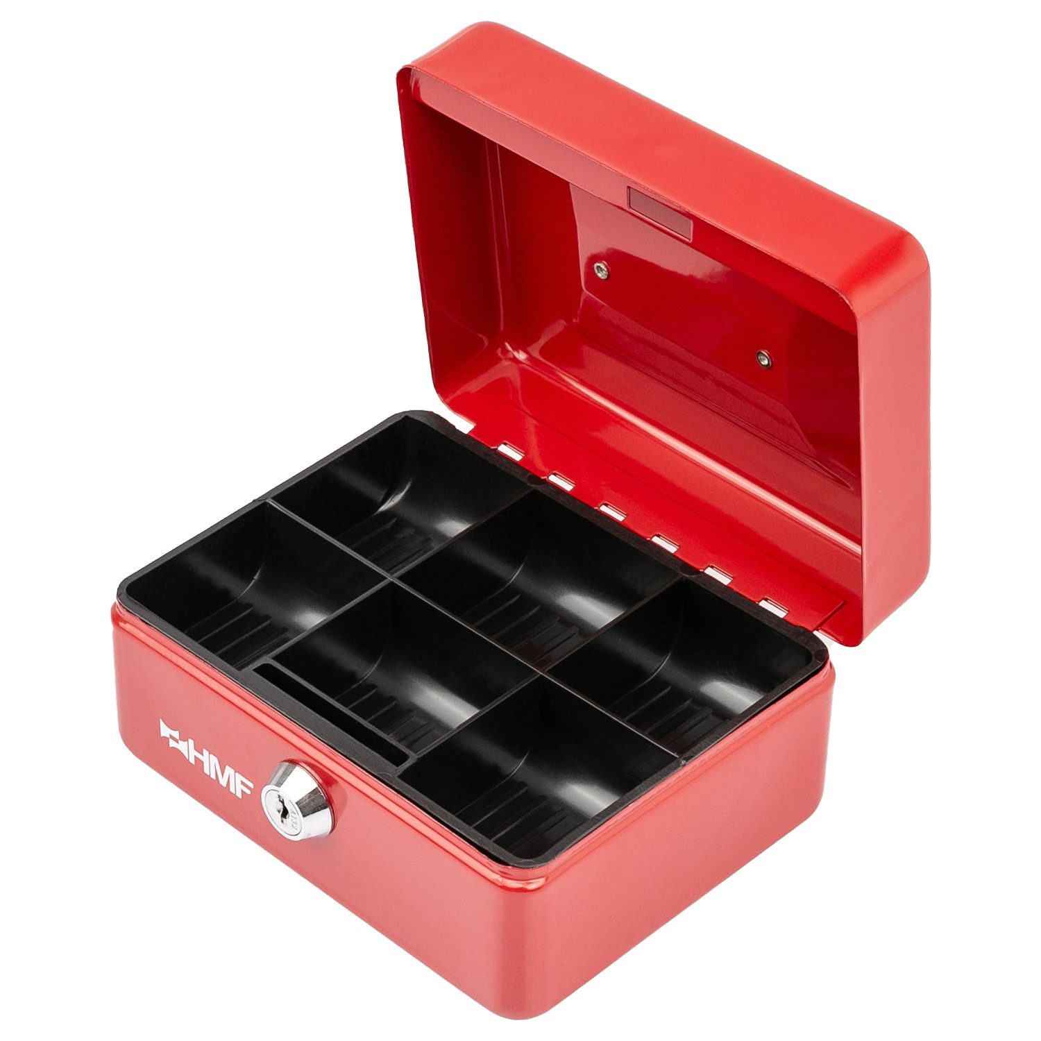 HMF Geldkassette Geldkassette abschließbar, Kasse mit Münzeinsatz, Geldkasse mit 6 Münzfächern 15 x 12 x 8 cm Rot