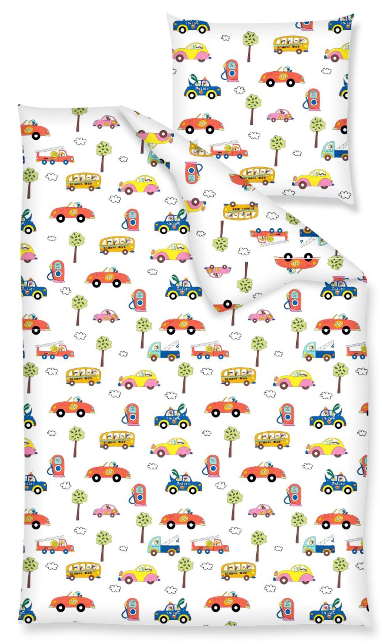 JACK Babybettwäsche 100x135cm Auto Feuerwehr Bus Bettwäsche, Renforcé, 2 teilig, Fahrzeuge, Autos in Aktion, Kinderbettwäsche