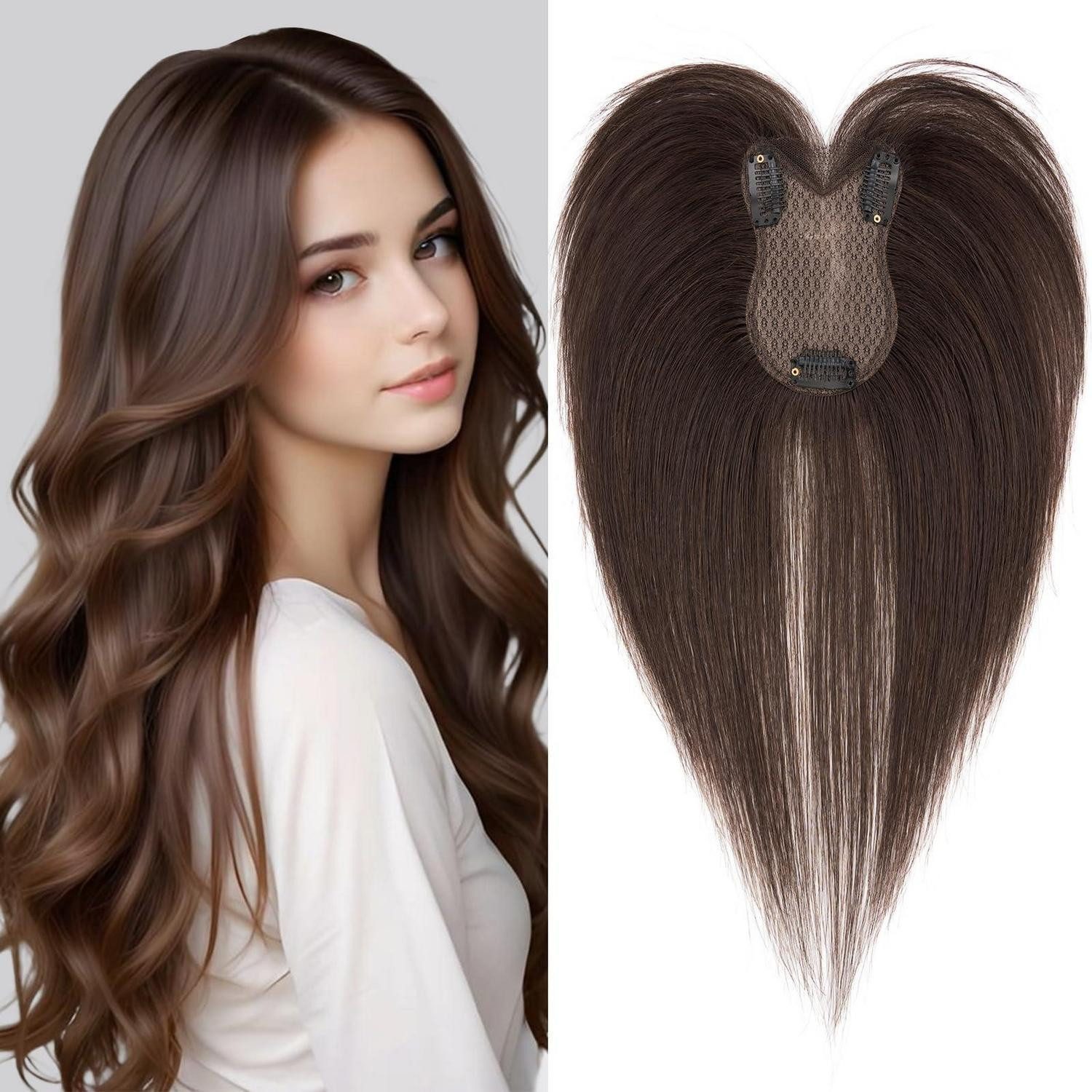 LuxusKollektion Toupet Topper Toupet Echthaar Damen 27cm Seitenpony 2 Dunkelbraun