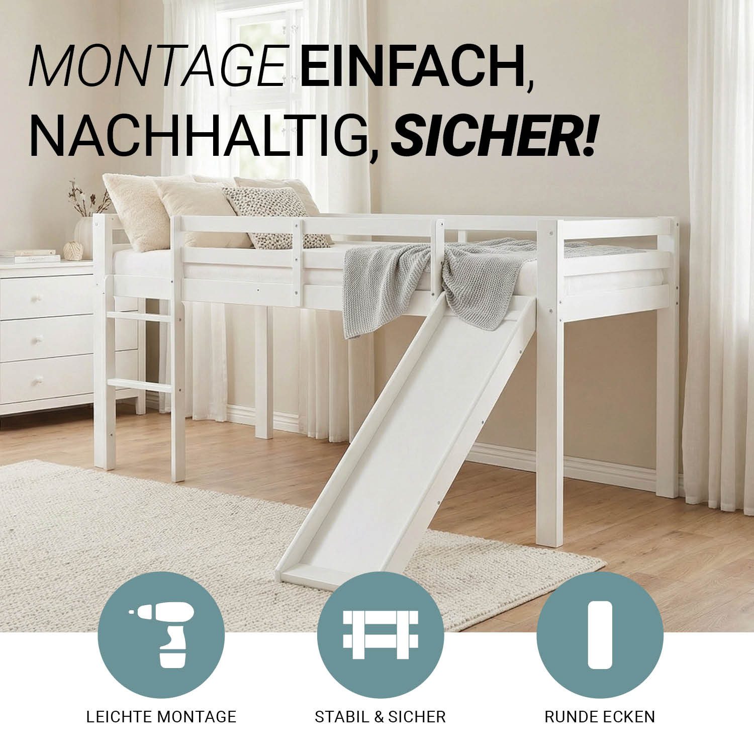 Homestyle4u Hochbett 90x200 Kinderbett Spielbett Kiefer massiv mit Rutsche Vorhang (Set, Bettgestell mit Lattenrost) Weiß, mit Rausfallschutz, Jungen Mädchen