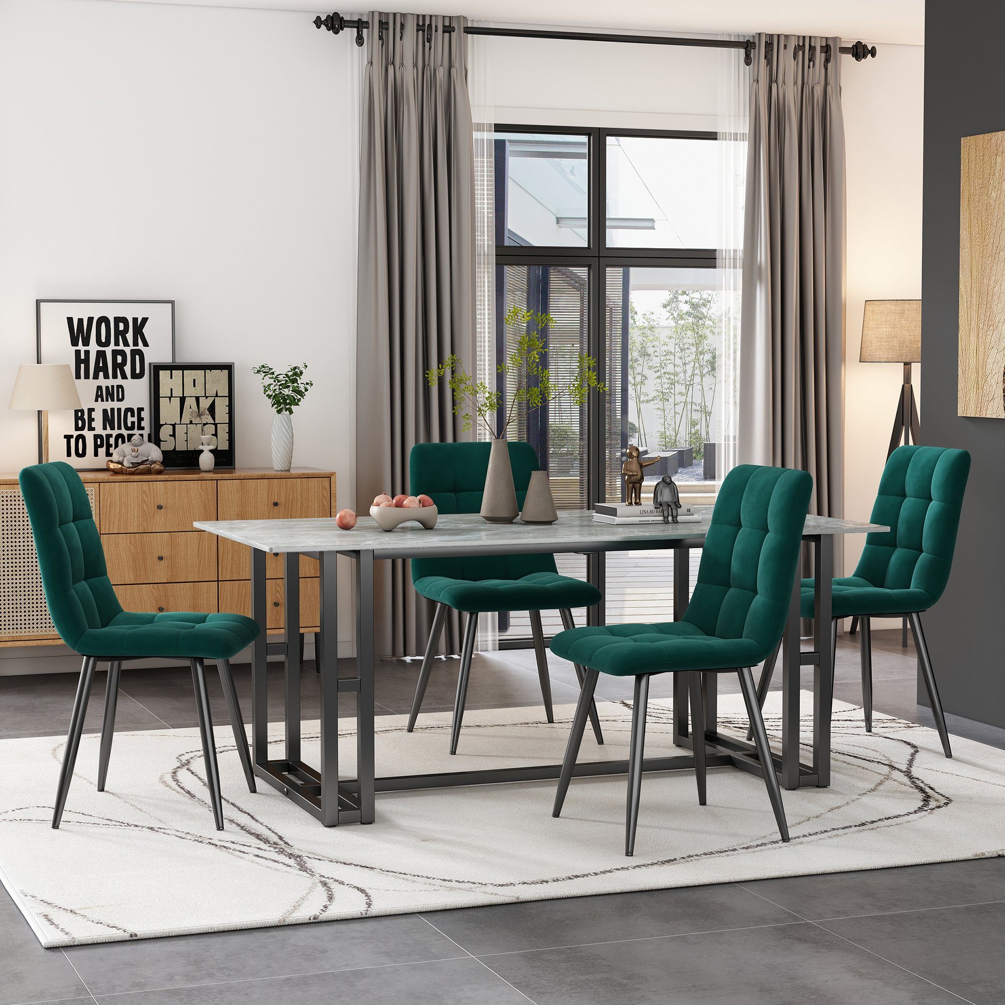 BUMHUM Esstisch 4erSet Dunkelgrüne Esszimmerstühle mit Samtpolsterung  Metallgestell, Samt-Stuhl mit Rückenlehne, grün, weiche Sitzfläche