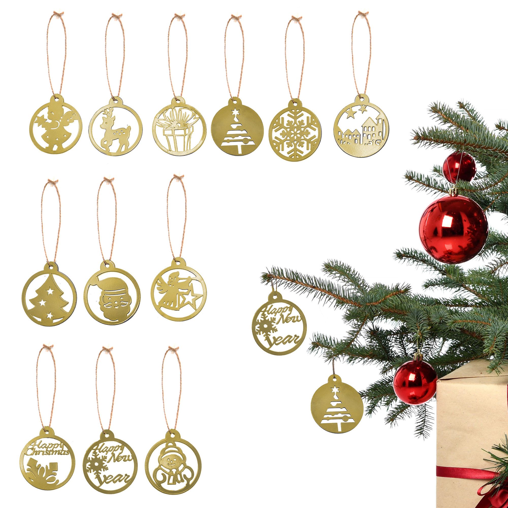 UNUS HOME Weihnachtsbaumkugel Weihnachtsanhänger 12er verschiedene Design Set, Christbaumschmuck Weihnachtsanhänger Weihnachtsbaumschmuck