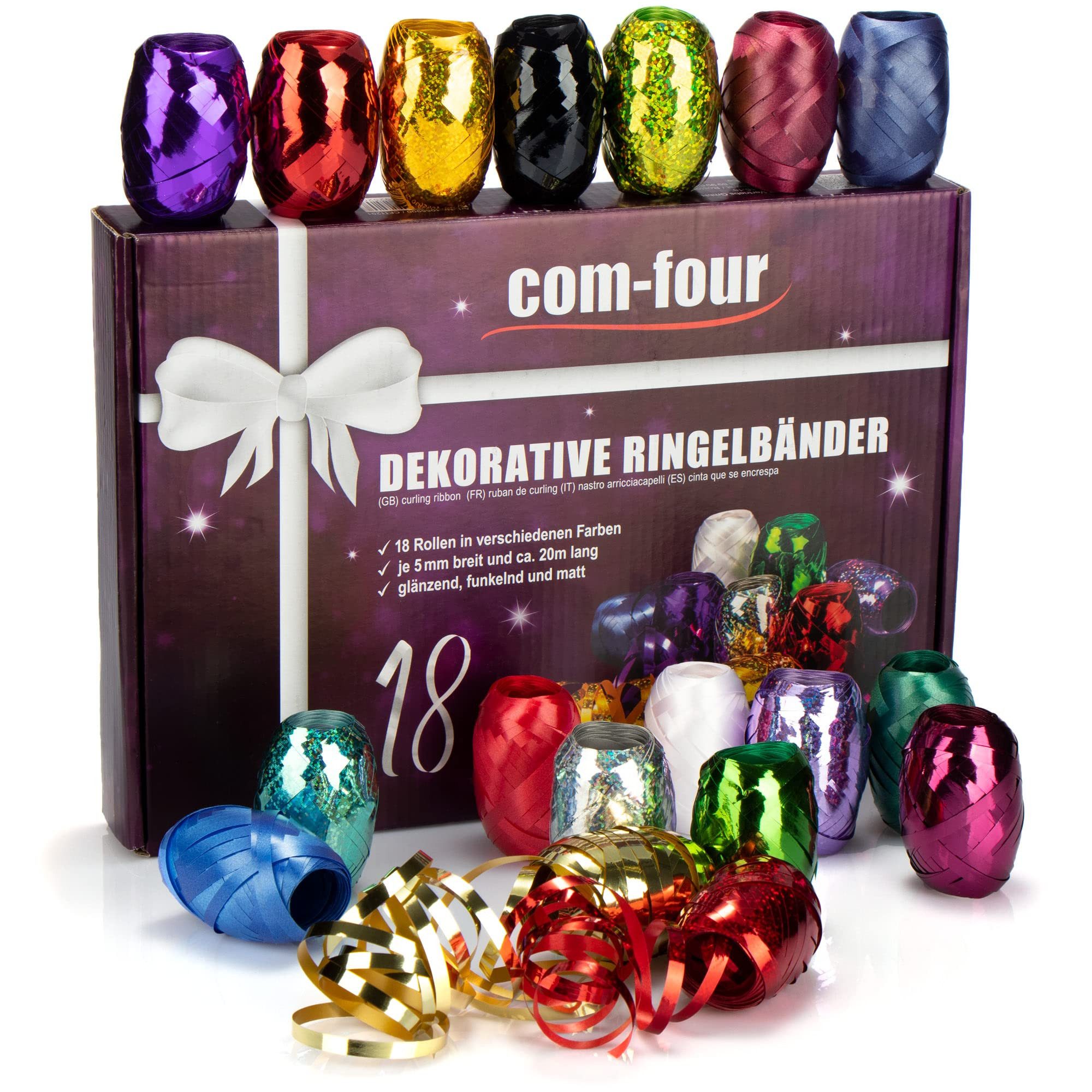 com-four Geschenkband Glitzer Ringelband in verschiedenen Farben, hochwertiges Geschenkband-Set, Polyband im stabilen Geschenk-Karton