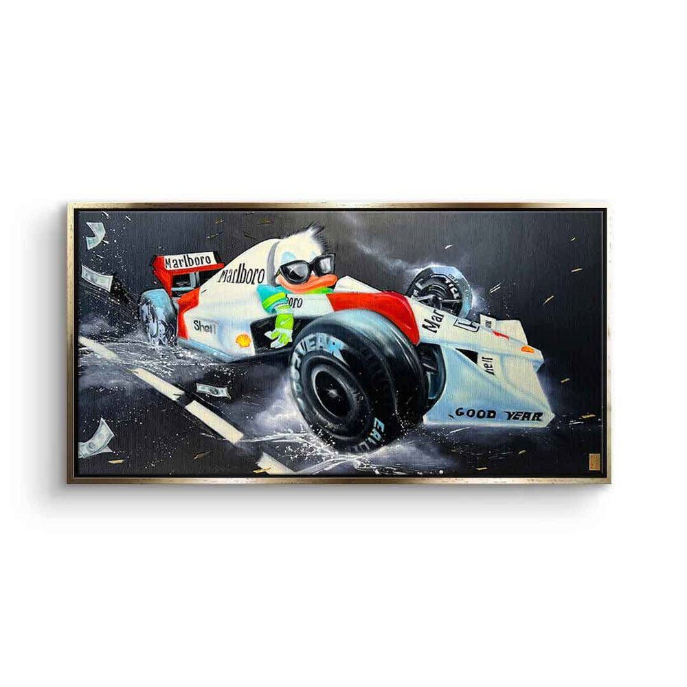 DOTCOMCANVAS® Leinwandbild, Leinwandbild Viqa art The Racer Duck Ente Rennwagen Marlboro mit premi goldener Rahmen