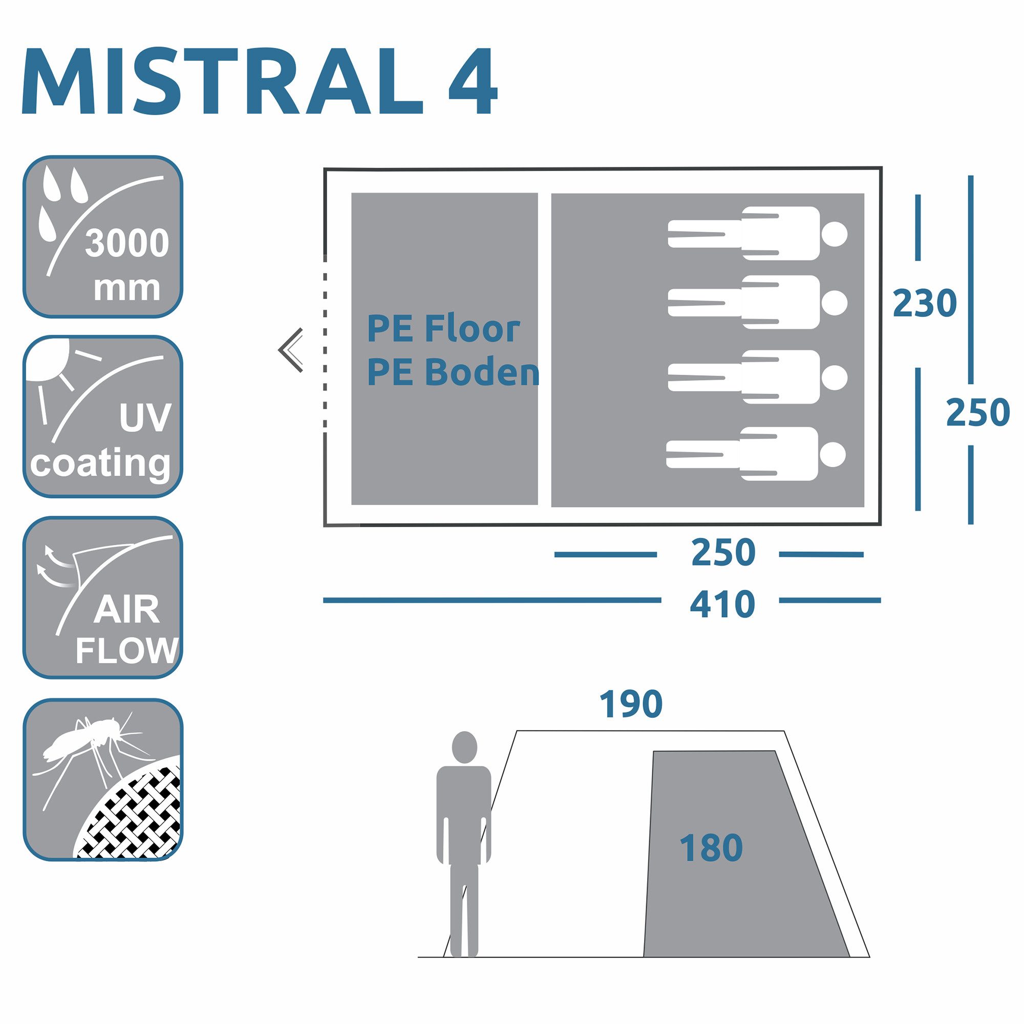 yourGEAR Tunnelzelt your GEAR Mistral 4 Mann Tunnelzelt Familienzelt 3000mm UV50+, Personen: 4