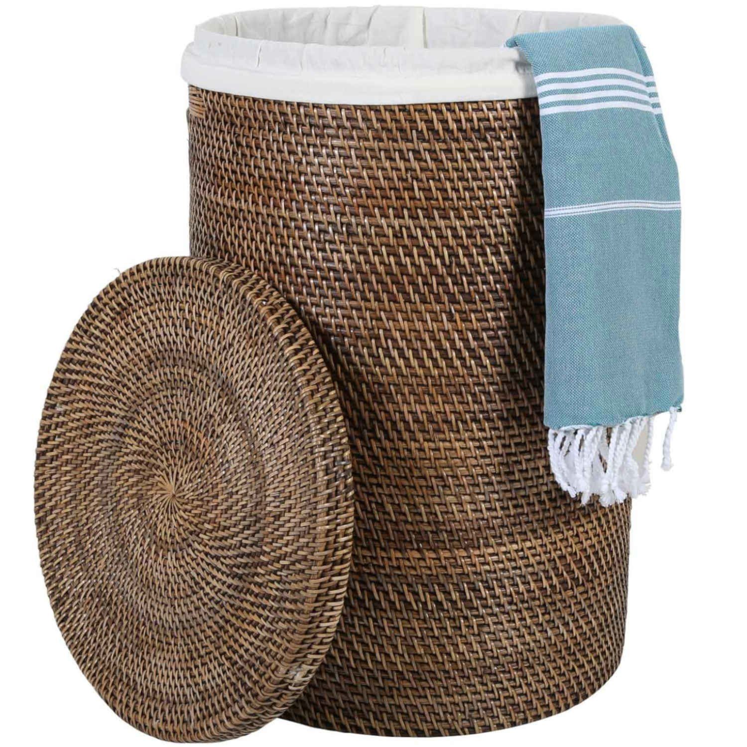 Casa Moro Wäschekorb Rattan Wäschebehälter CLEO BRAUN mit Deckel & Innenfutter (Designer Weide Korb, Aufbewahrungskorb Rattankorb geflochten rund), Boho Chic Wäschesammler mit Griff