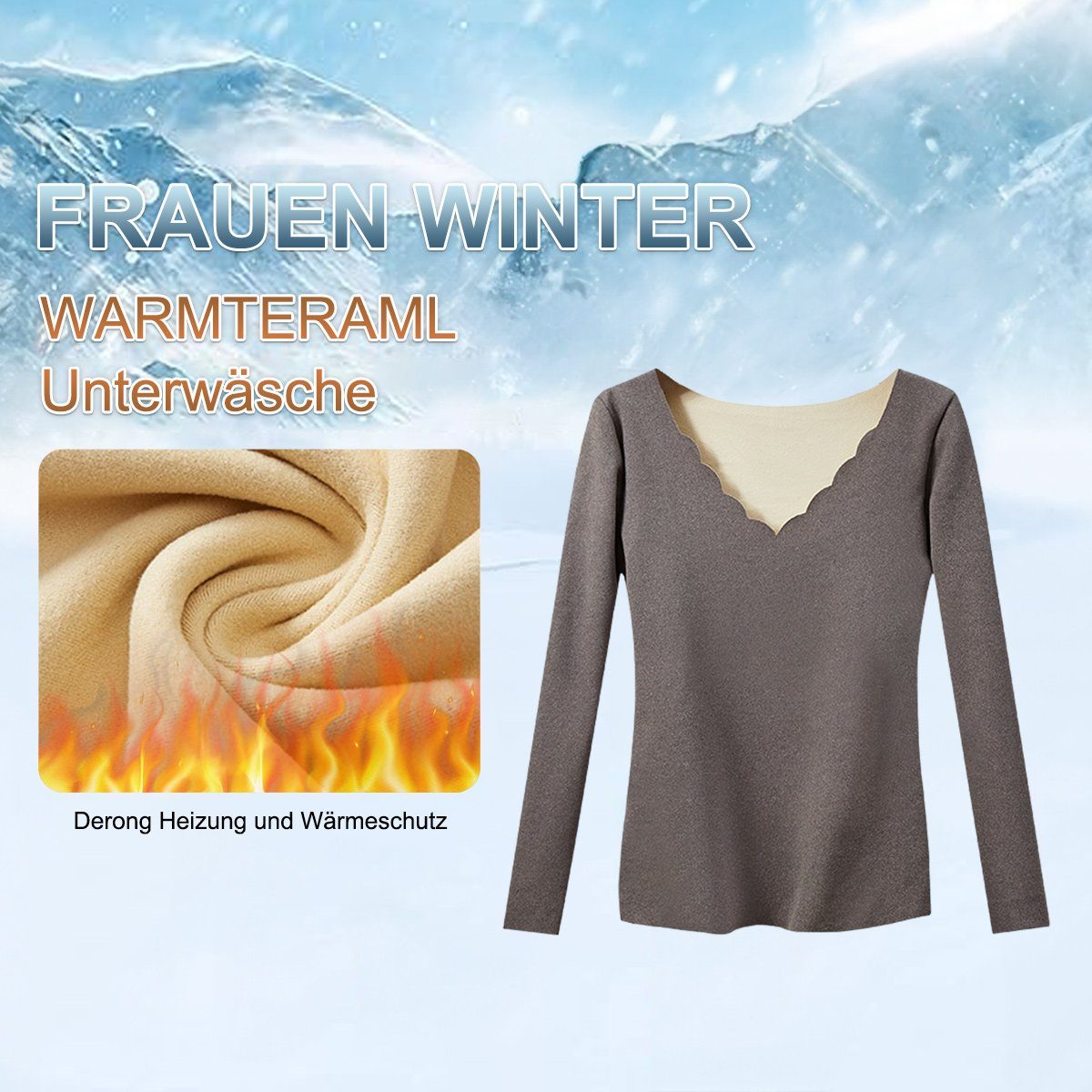 Thermounterwäsche Damen Jormftte Langarmshirt V-Ausschnitt,für Grau Thermounterhemd winter Oberteil