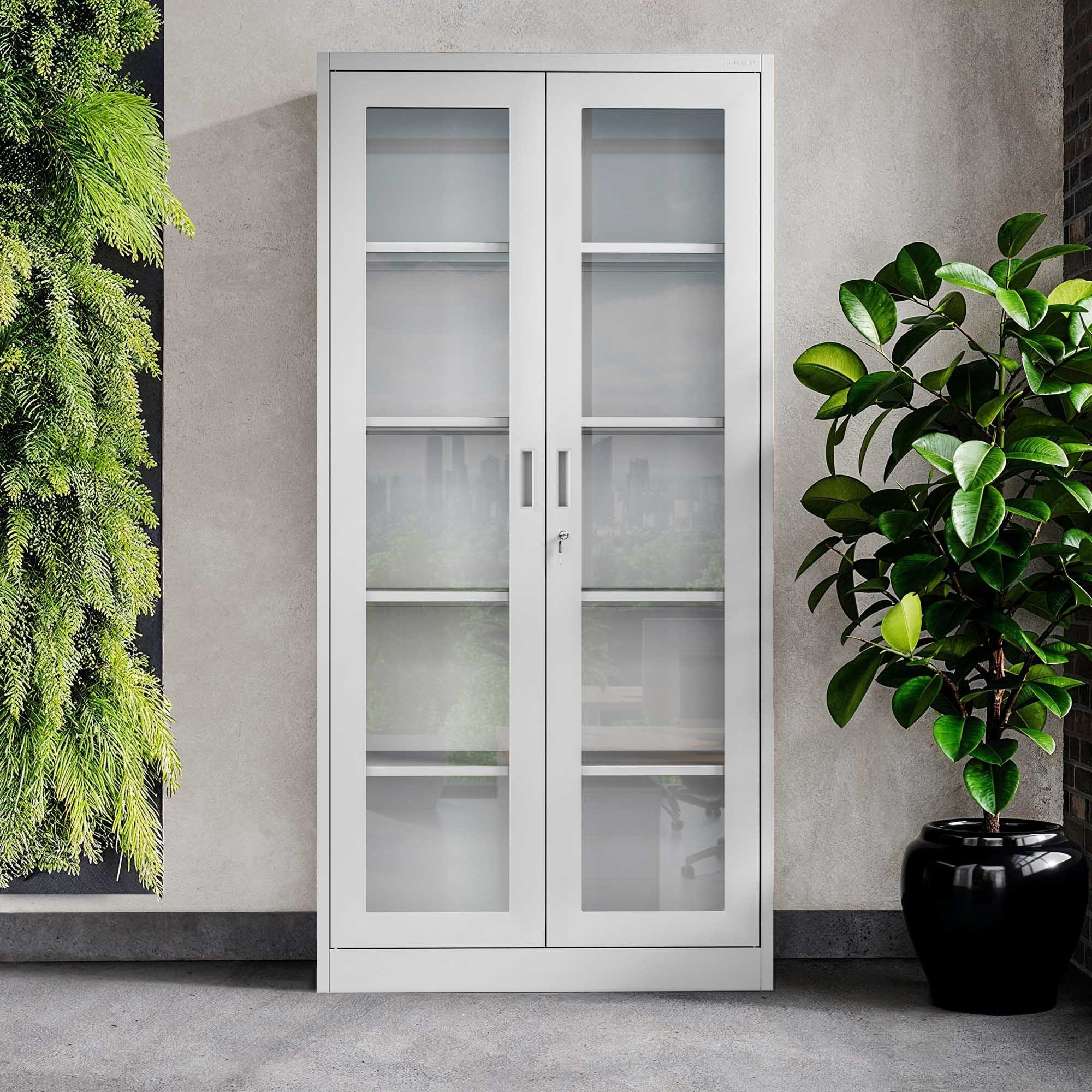 Jan Nowak Vitrine Metall Vitrinenschrank abschließbar 90 cm AMELIA Glasscheiben (Stahl 0,6 mm Wandmontage möglich PZH-zertifiziert 185 cm) Büroschrank 50 Ordner Schloss 2 Schlüssel 4 Böden 6 Farben