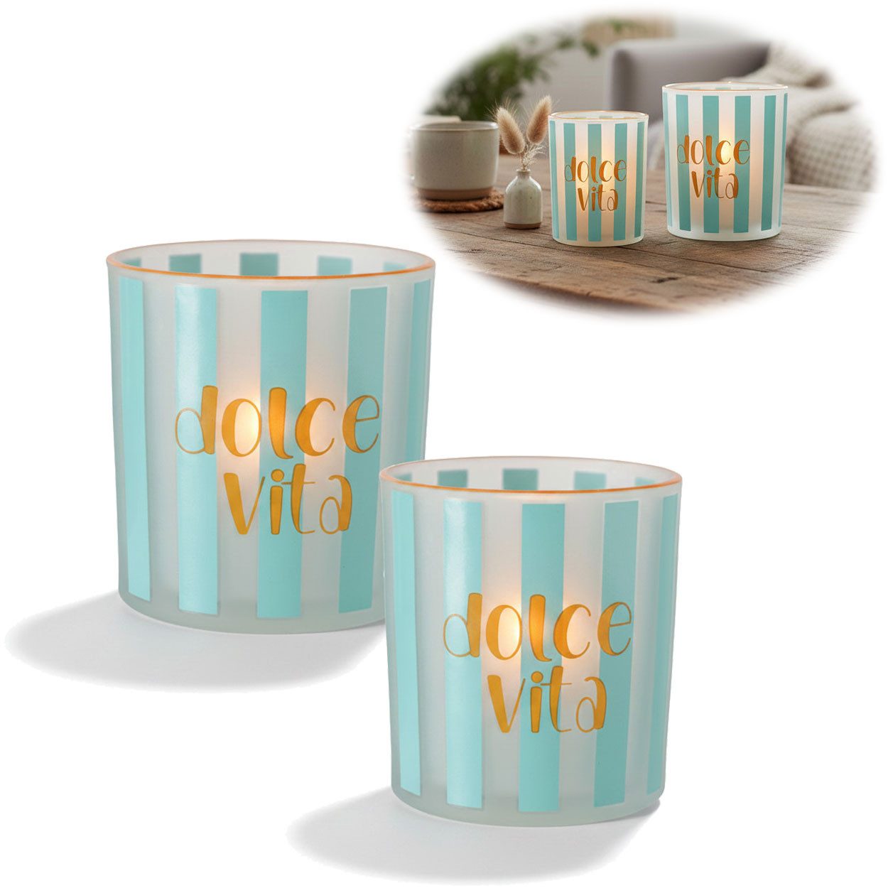 LS-LebenStil Teelichthalter 2x Glas Teelichtgläser Dolce Vita 8-10cm Set Türkis Gold Windlicht (2´er Set Windlicht mit Spruch für Teelichter und kleine Stumpenkerze, 2 St., Halter Kerzenständer Tischdeko Kerzenhalter Gläser für Teelichter), Deko Hochzeit Ostern Weihnachten Konfirmation