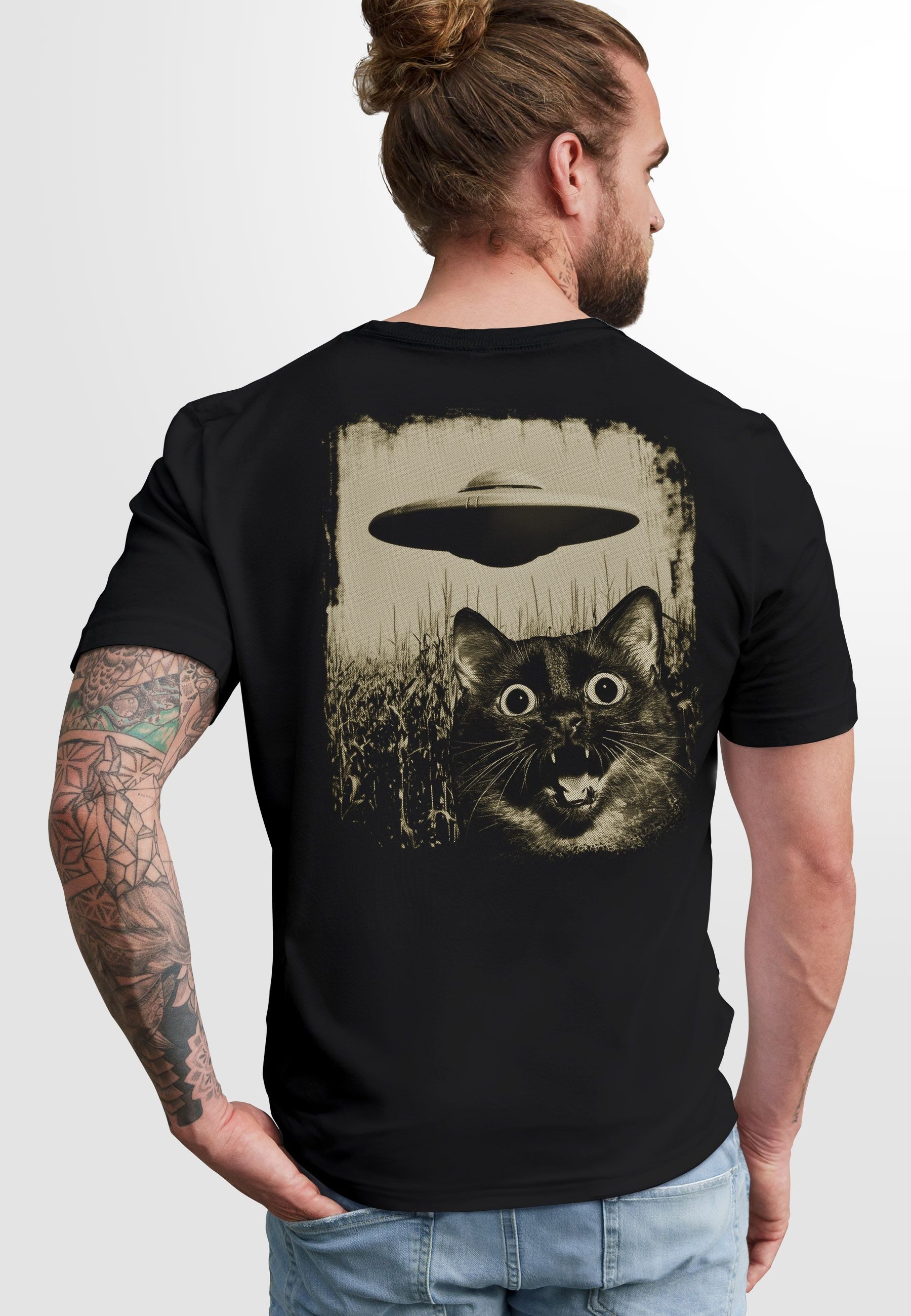 Neverless Print-Shirt Herren T-Shirt Backprint UFO Katze Alien Print Rücken günstig online kaufen