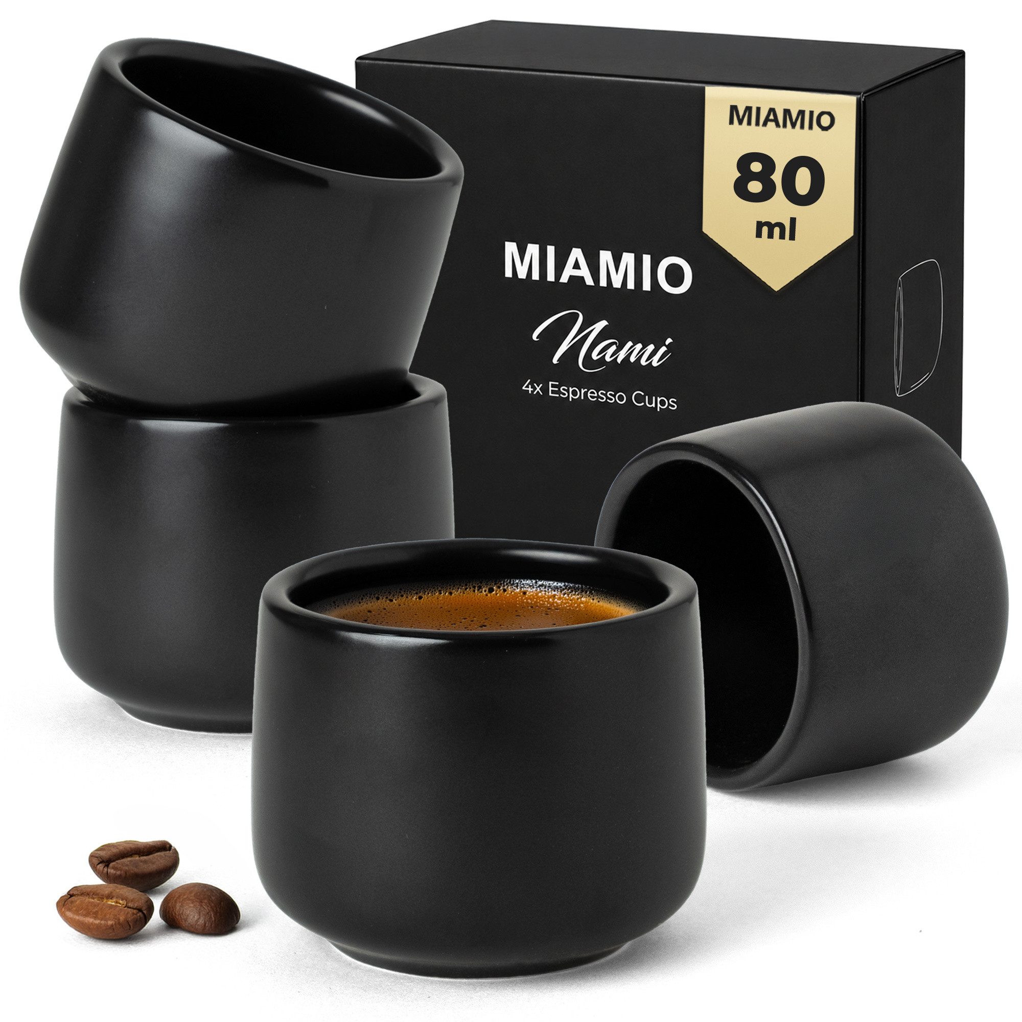 MiaMio Espressotasse Nami ohne Henkel, 80 ml, Schwarz, 4-tlg., Keramik, Ristretto & Doppio, henkellos, modern