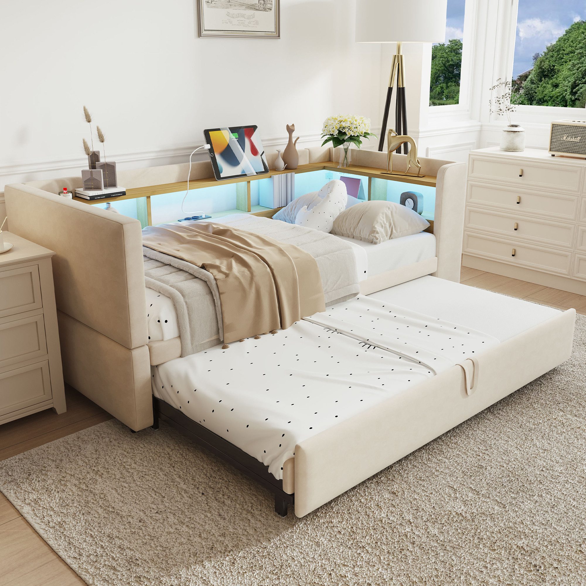 Odikalo Ausziehbett Polsterbett Jugendbett Stauraumbett Schlafsofa 90/180x190 Ablagefach
