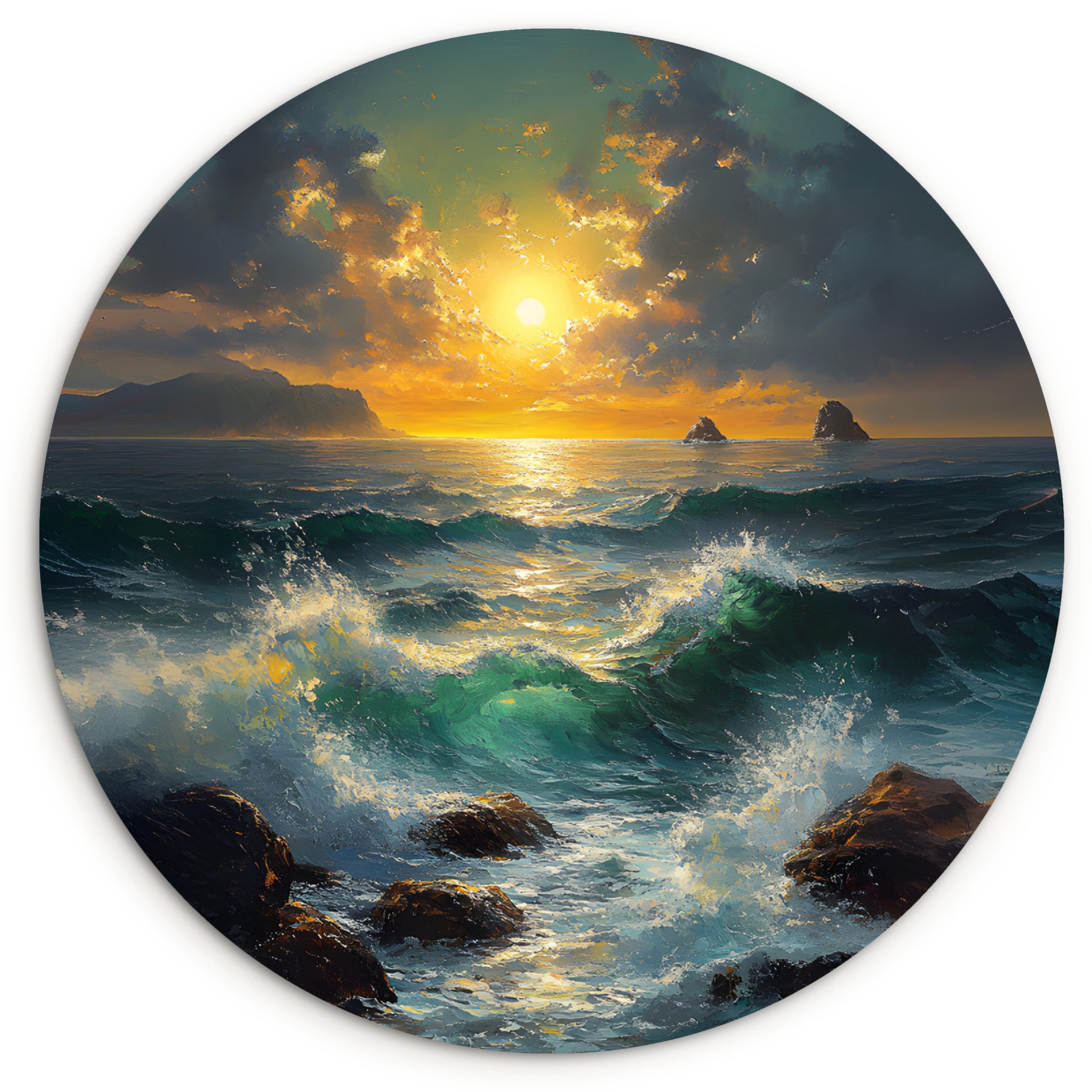 MuchoWow Gemälde Meer - Sonne - Wellen - Felsen, Fotodruck (1 St), Kreis Wanddekoration, Rundes Wandbild, 60x60 cm