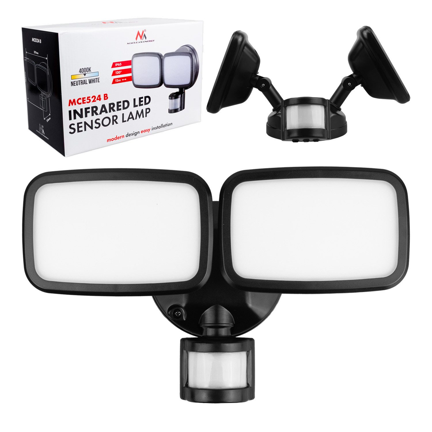 Maclean LED Außen-Wandleuchte mit PIR-Sensor MCE524 B, LED fest integriert, neutralweiß, 20 W, 1500 lm, IP65, neutralweiß 4000 K