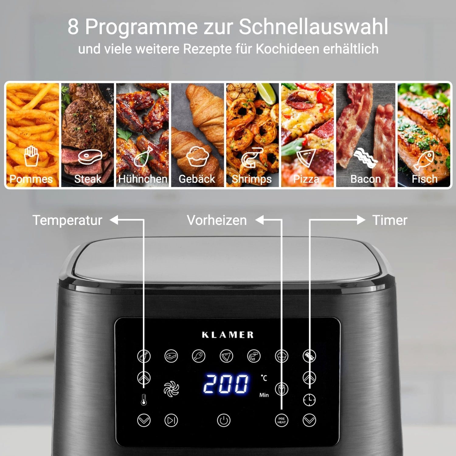 KLAMER Heißluftfritteuse XL 5,5l, Multifunktionale Heissluftfritteuse, ölfreie Fritteuse, 1700W Airfryer, 1700 W, LED Display, Antihaftkorb, Voreingestellte Kochprogramme, Cool-Touch