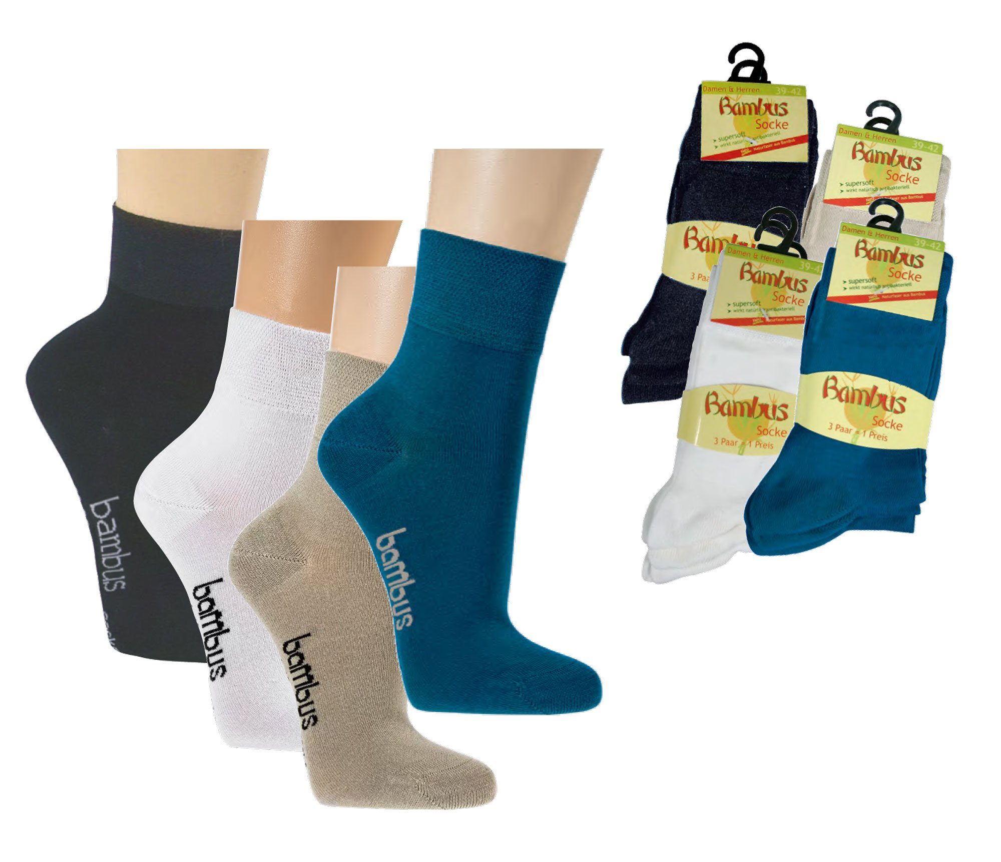 4 3 Paar) Kurzschaft Wowerat Fun Gesundheitssocken (3-Paar, Komfortbund Socks Bambus blau