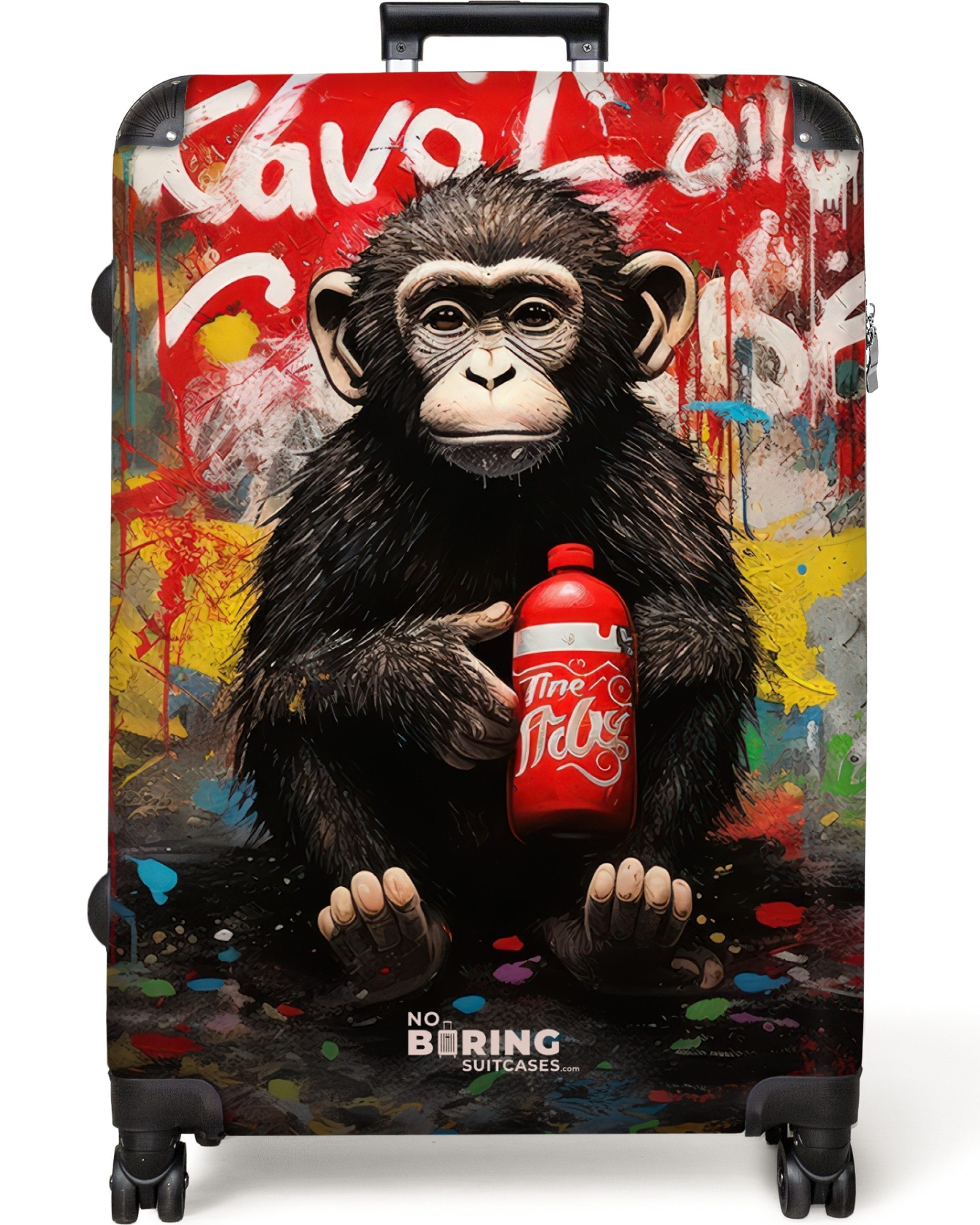 NoBoringSuitcases.com© Hartschalen-Trolley Schimpanse vor einer Graffiti-Wand 77 cm - 98 L, 8 Rollen, Großer Reisetasche mit Rollen für 30kg, Kinderkoffer